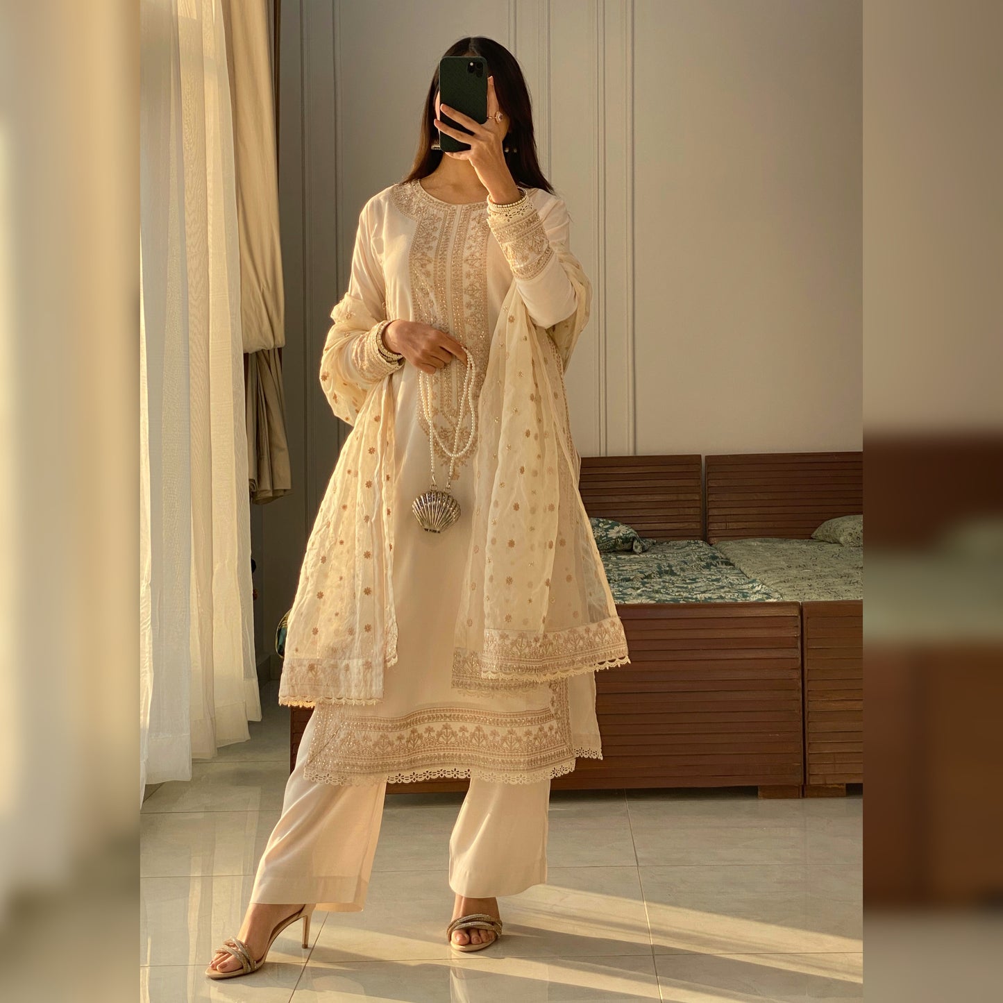 Beige Raw Silk Embroidered 3PC