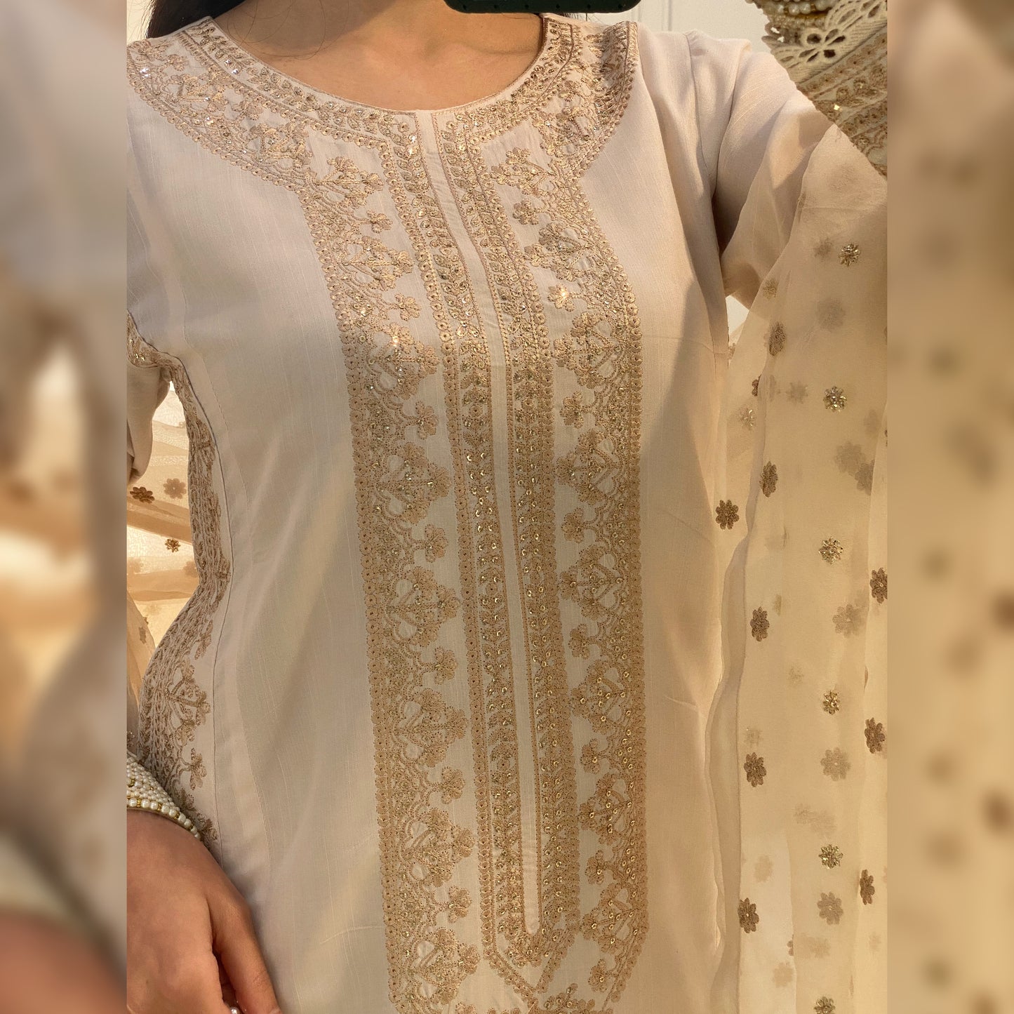 Beige Raw Silk Embroidered 3PC