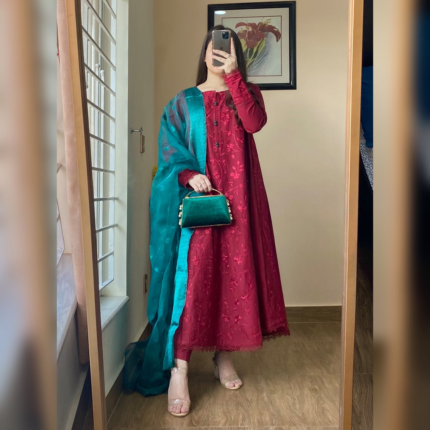 Maroon Embroidered Frock 3PC-2PC