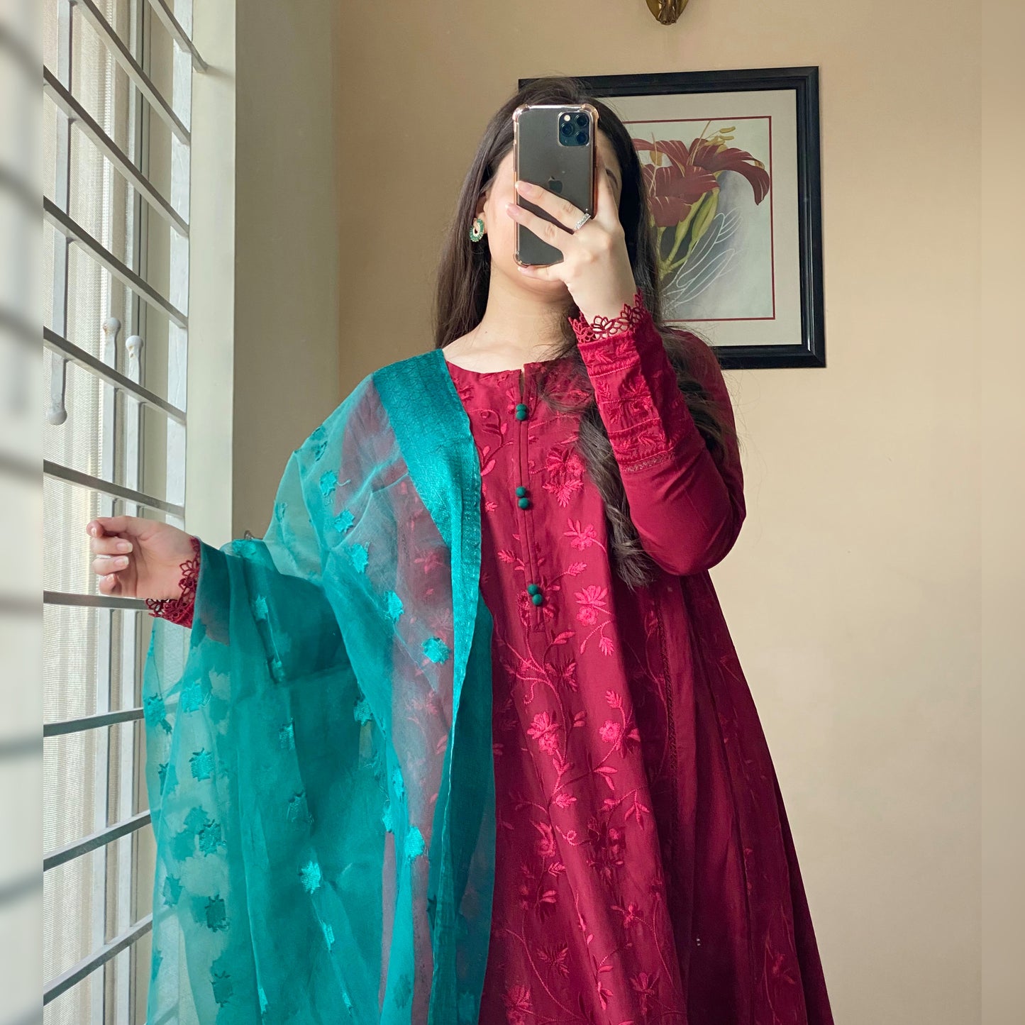 Maroon Embroidered Frock 3PC-2PC