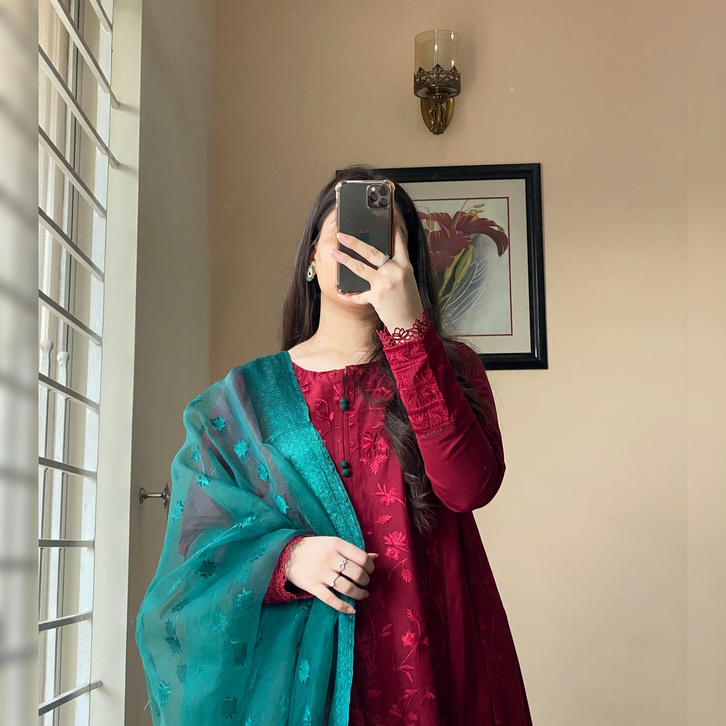 Maroon Embroidered Frock 3PC-2PC