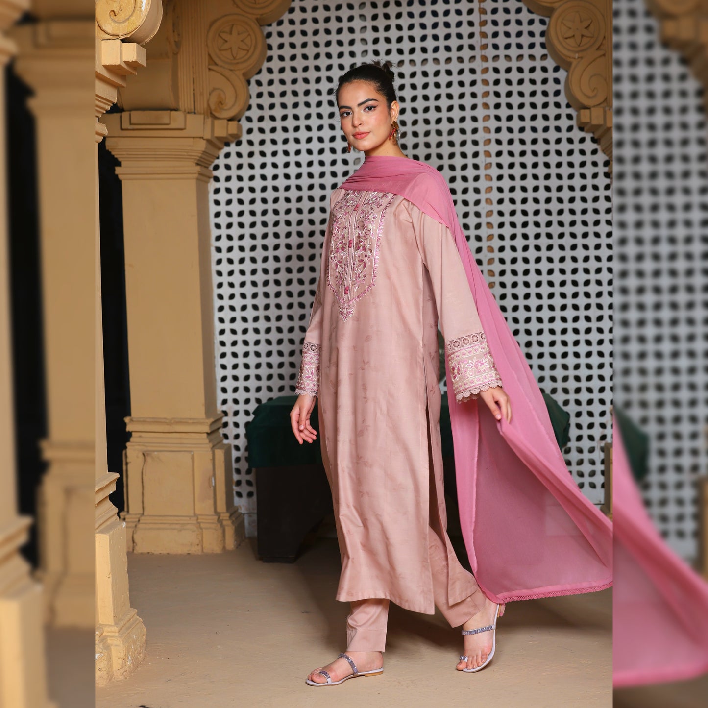 Self Pink Embroidered 3PC