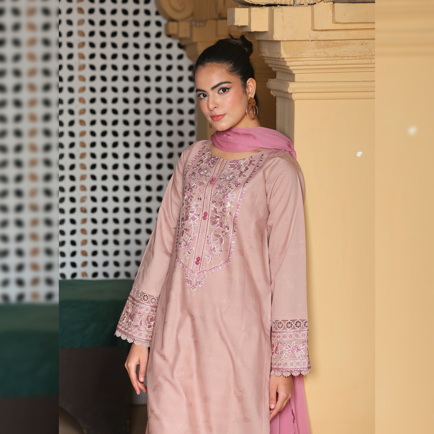 Self Pink Embroidered 3PC