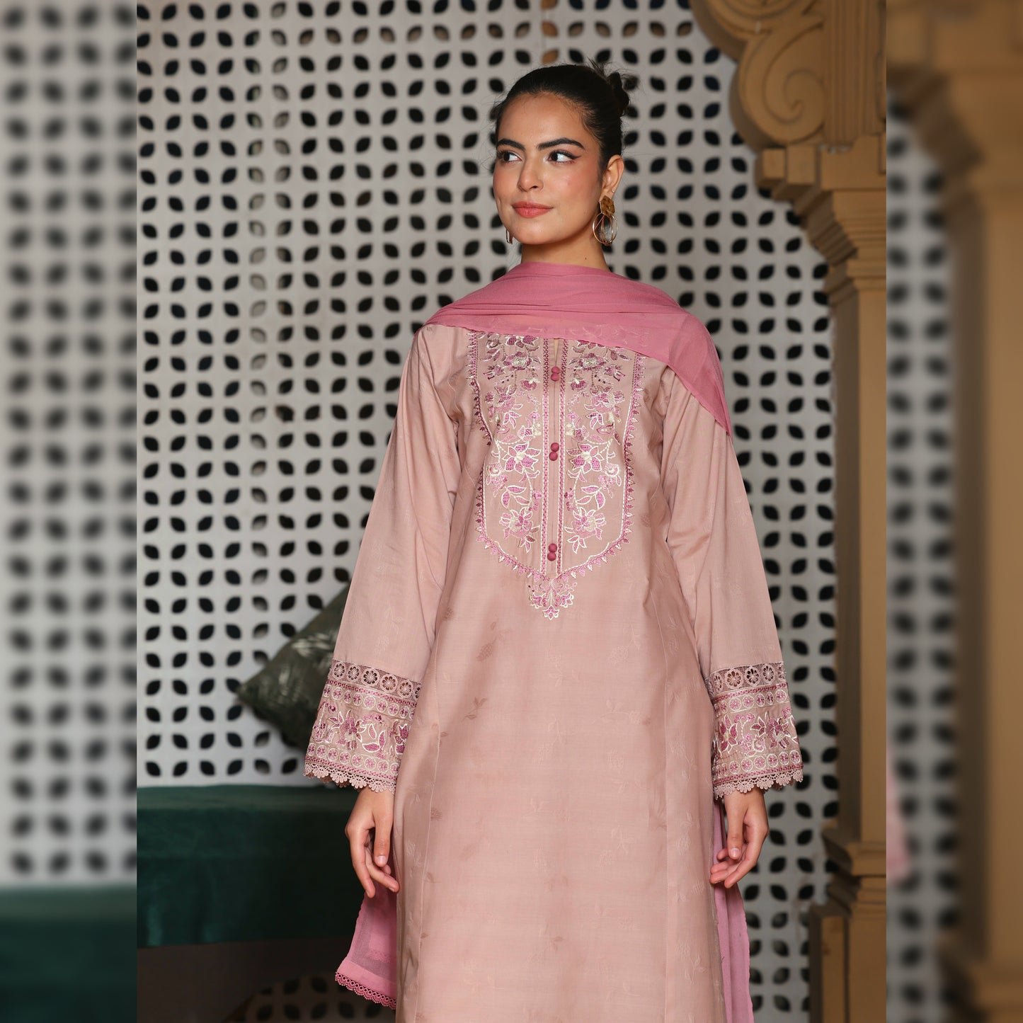 Self Pink Embroidered 3PC