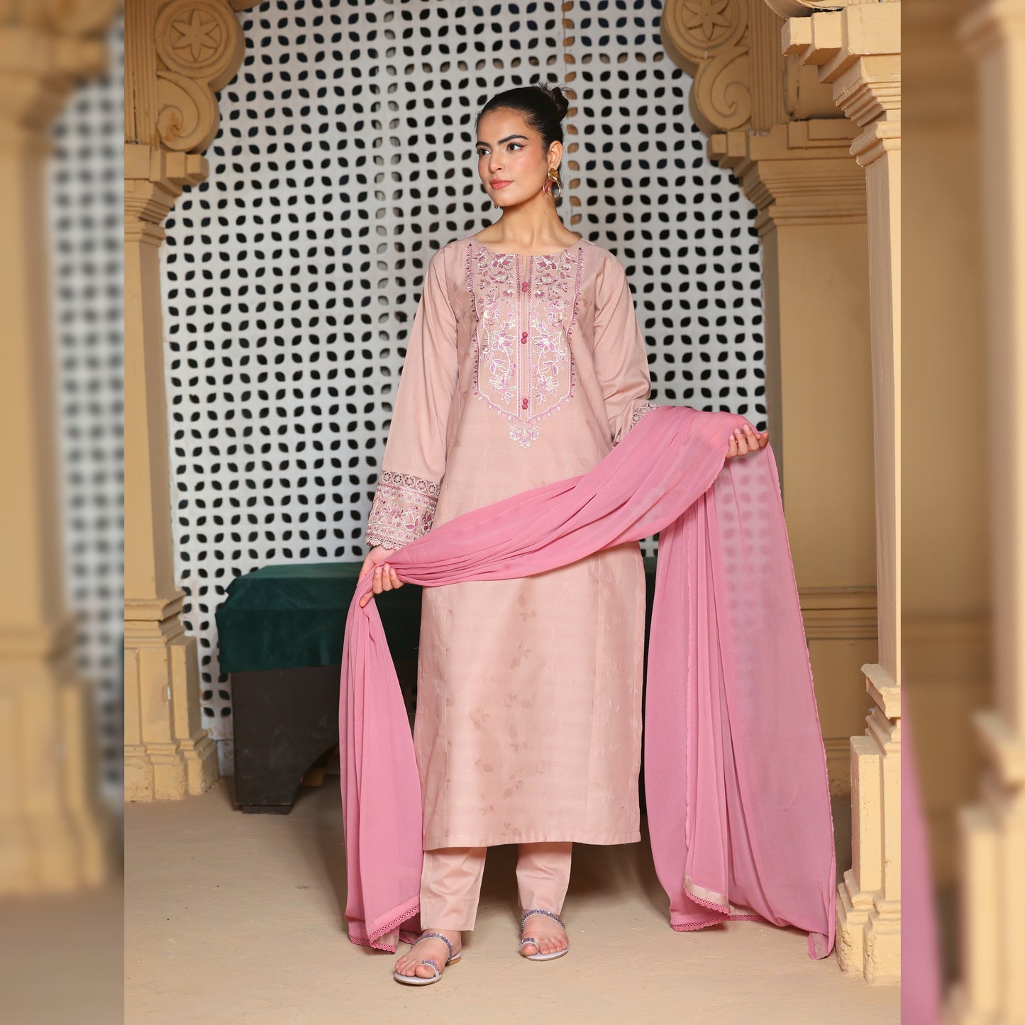 Self Pink Embroidered 3PC