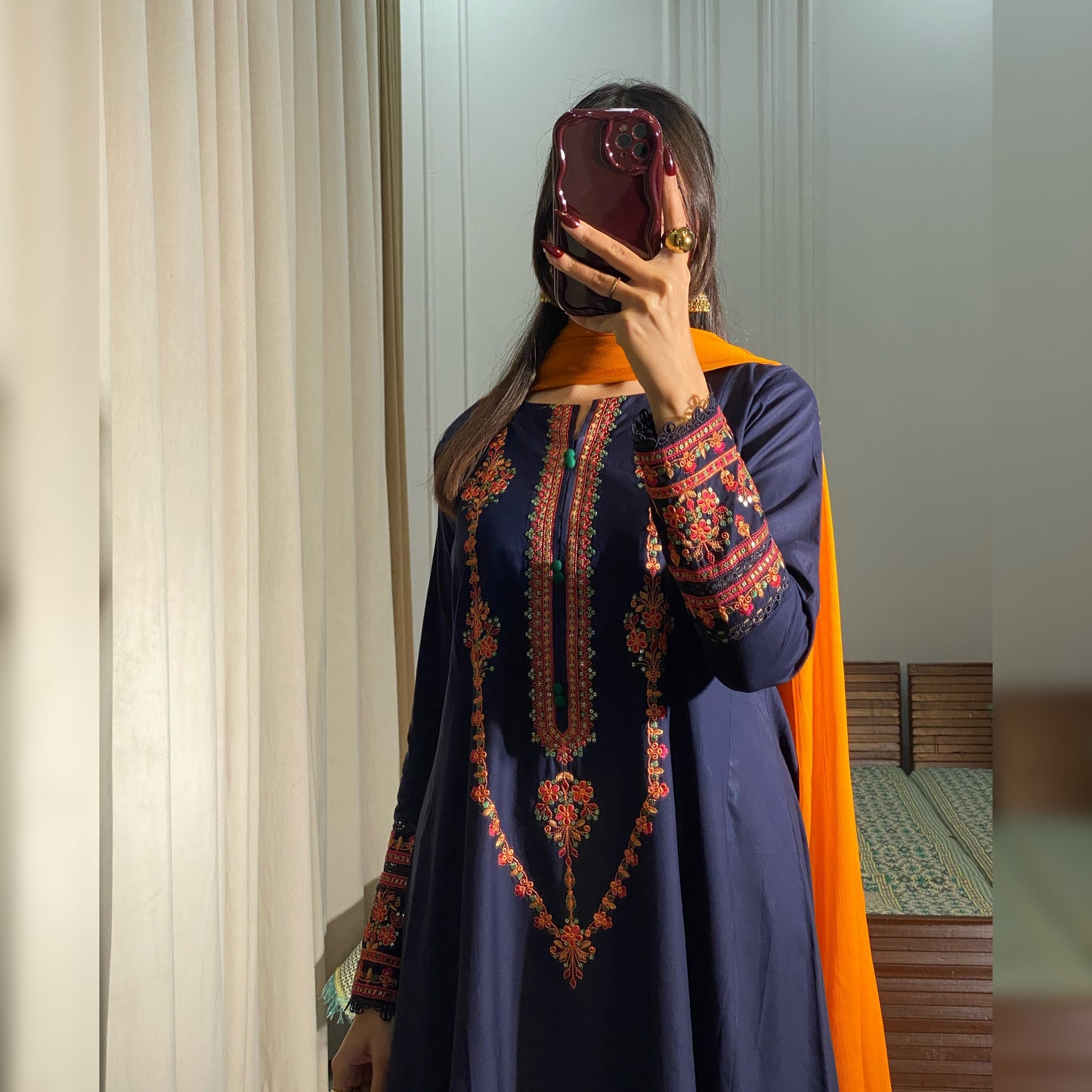 Navy Blue Embroidered frock 3PC
