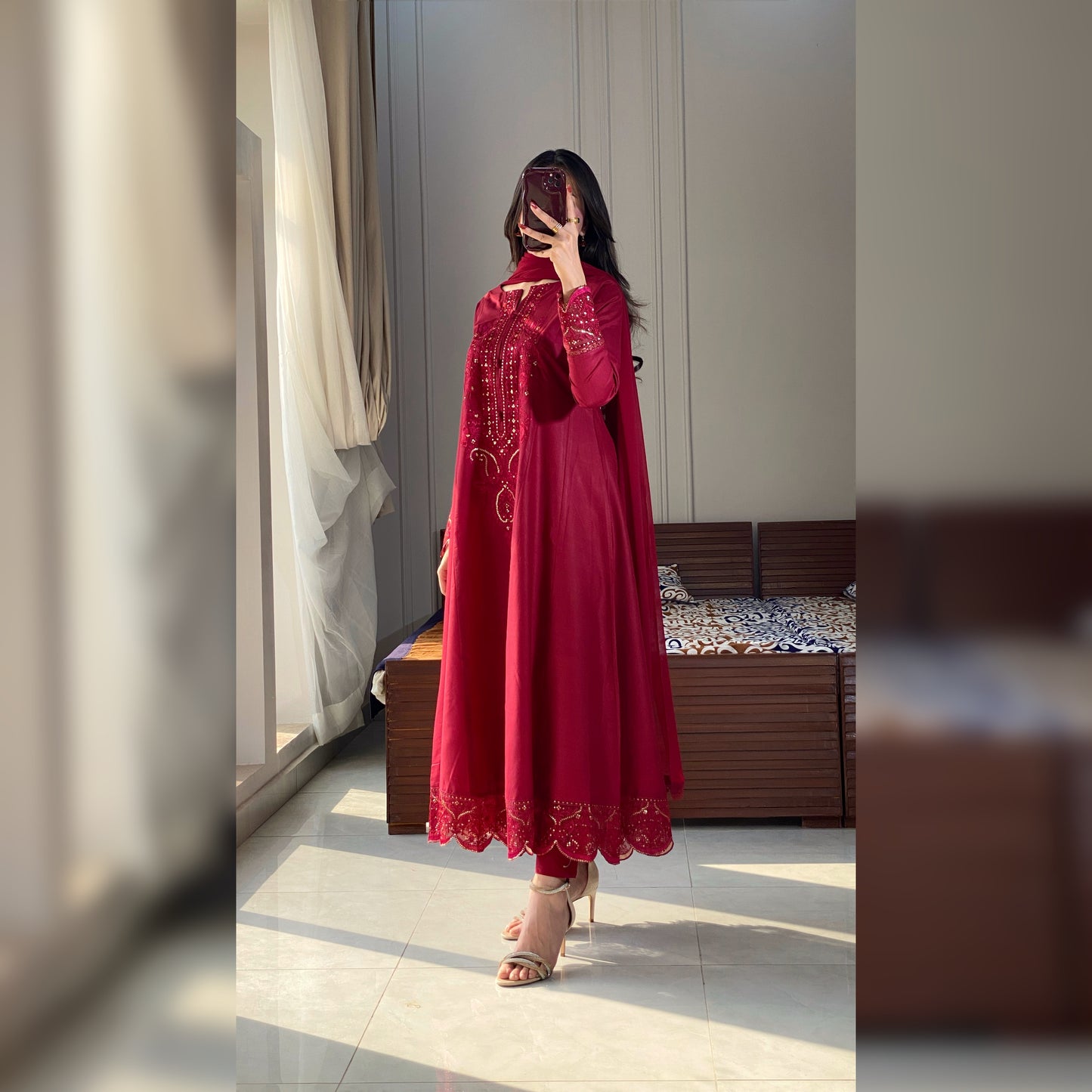 Scarlet Maroon Embroidered Frock 3PC