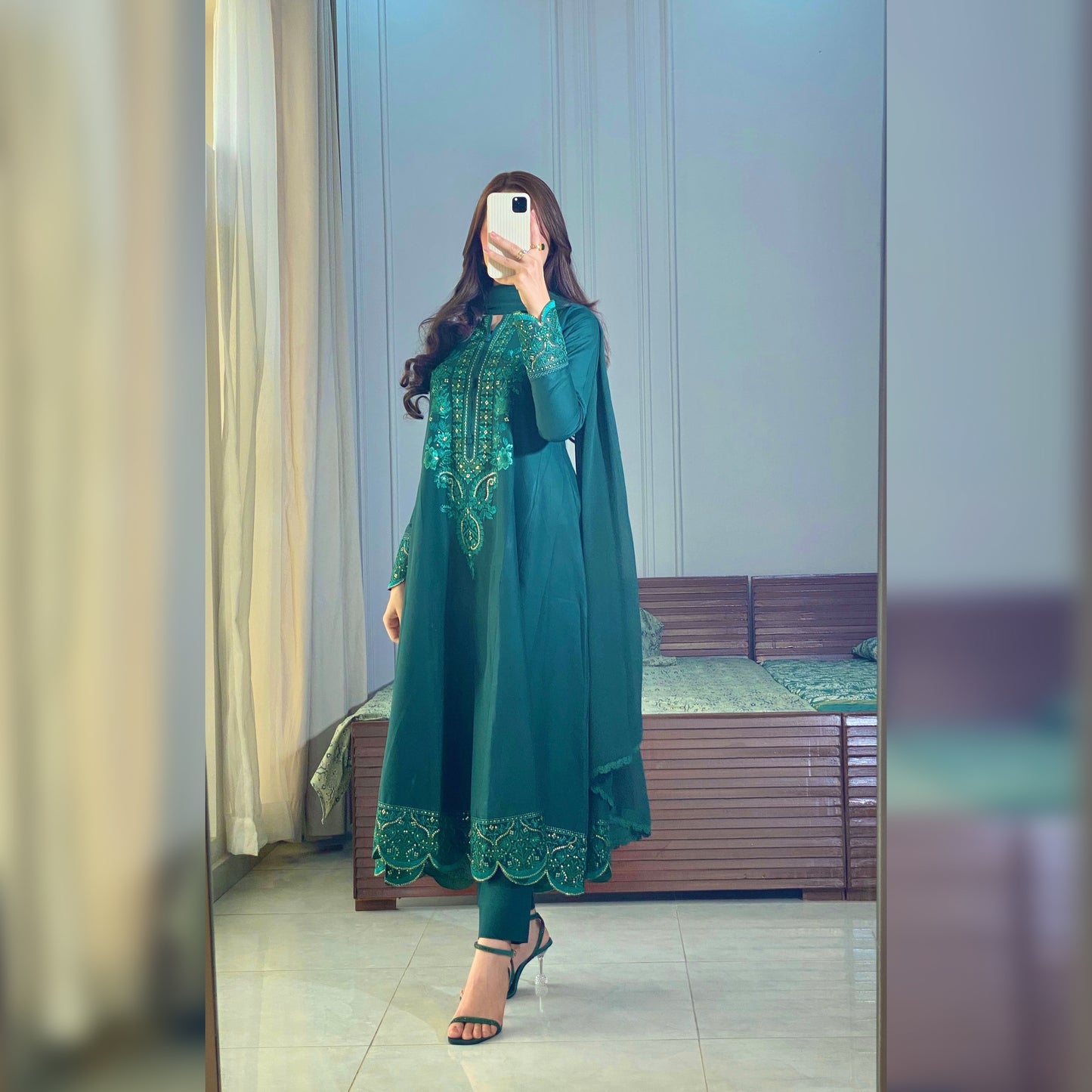 Morni Green Embroidered frock 3PC
