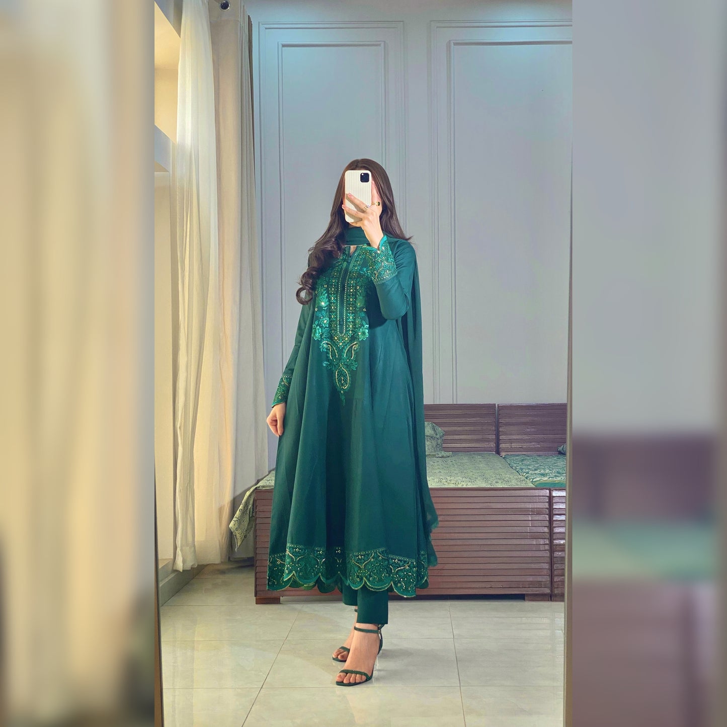 Morni Green Embroidered frock 3PC