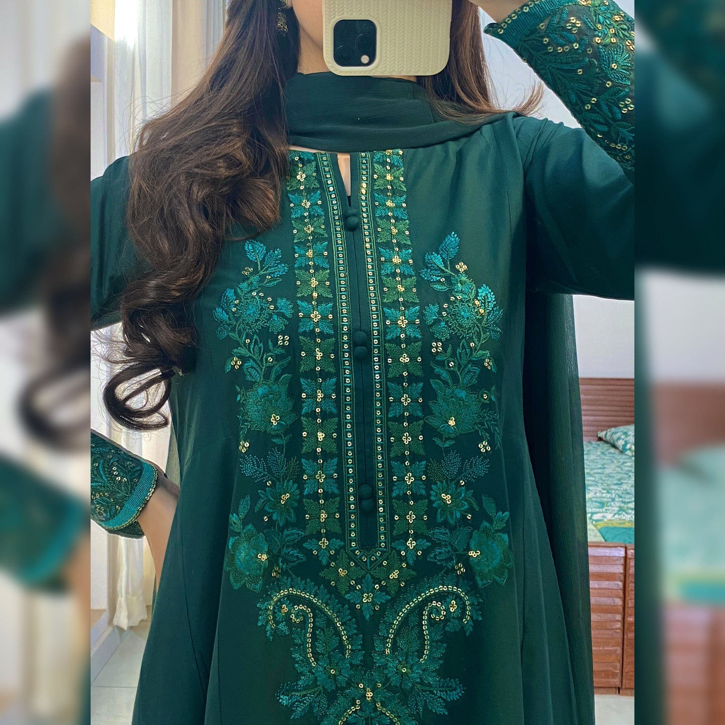 Morni Green Embroidered frock 3PC