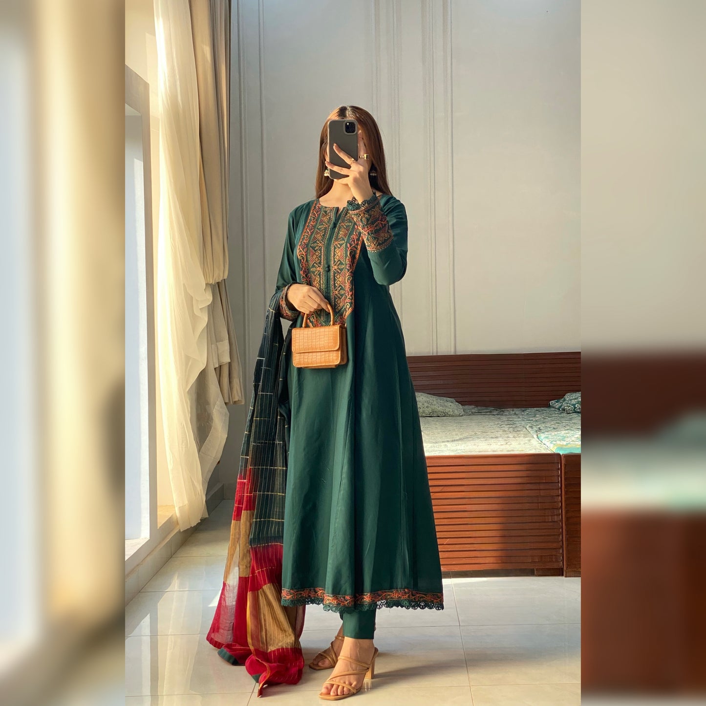 Queen green Embroidered frock 3PC