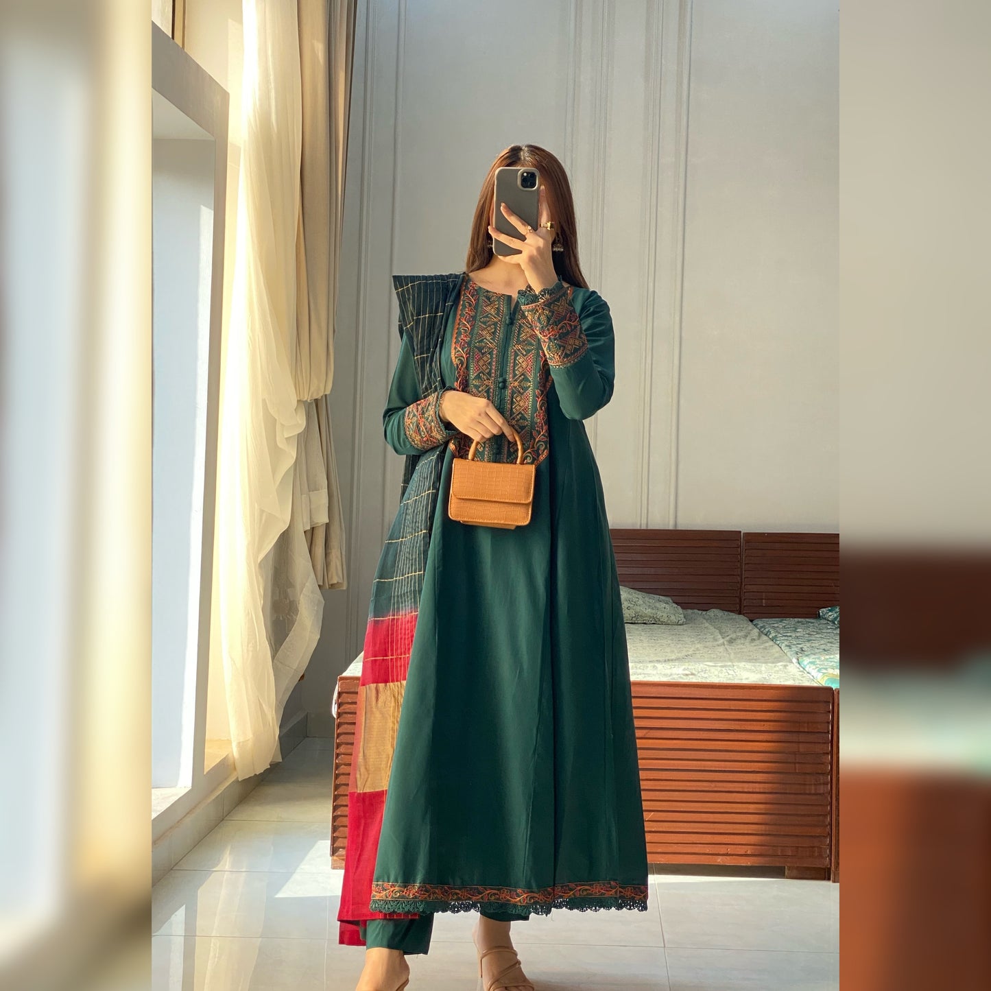 Queen green Embroidered frock 3PC