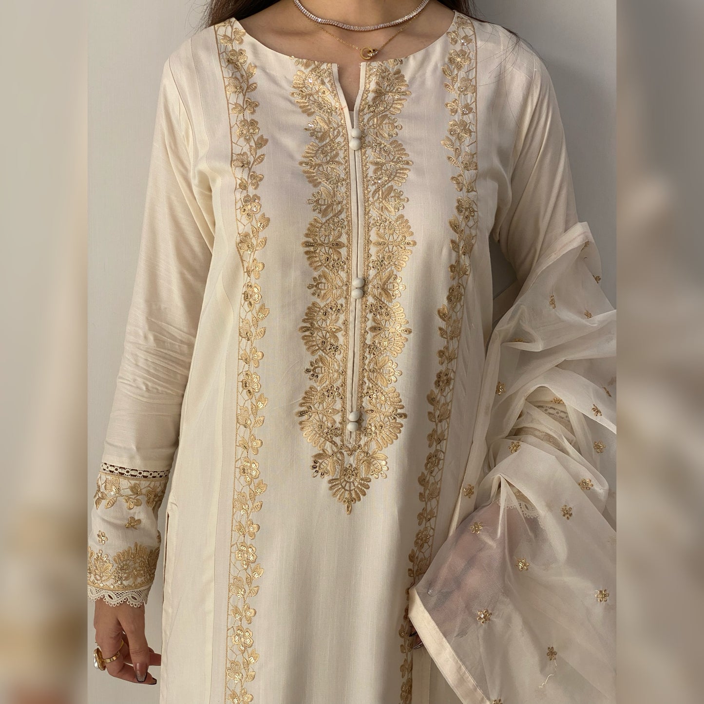 Antique Ivory Embroidered 3PC
