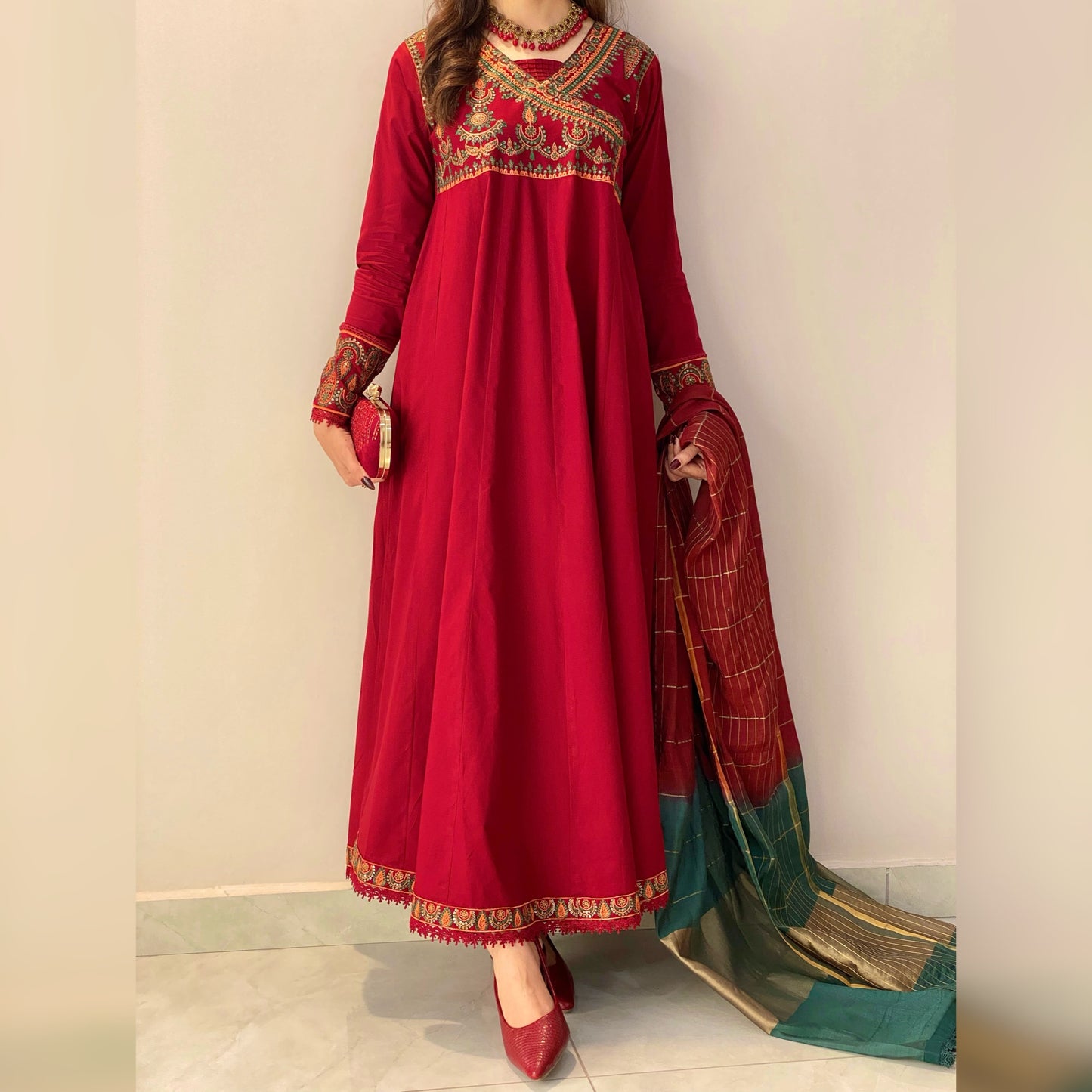 Royal Maroon Embroidered Frock 3PC
