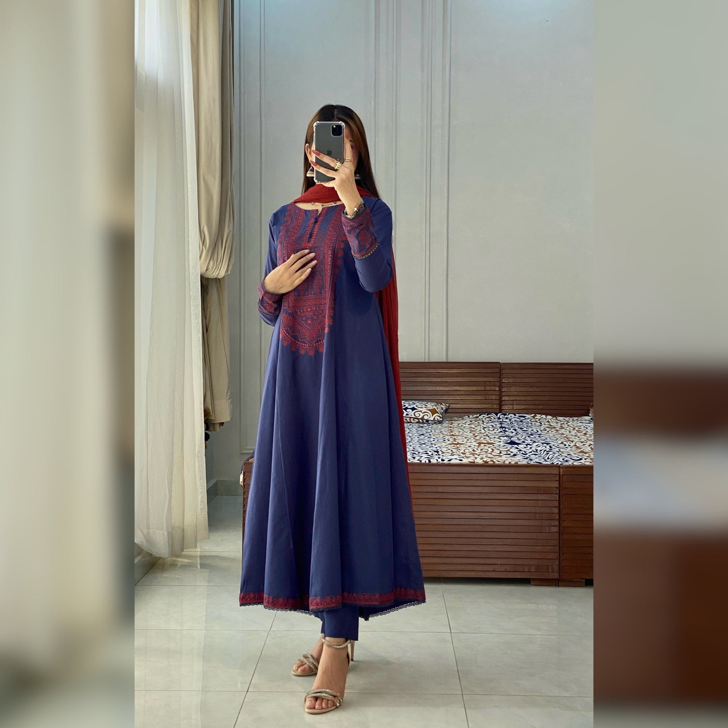 Dusty-Teal Blue Embroidered 3PC