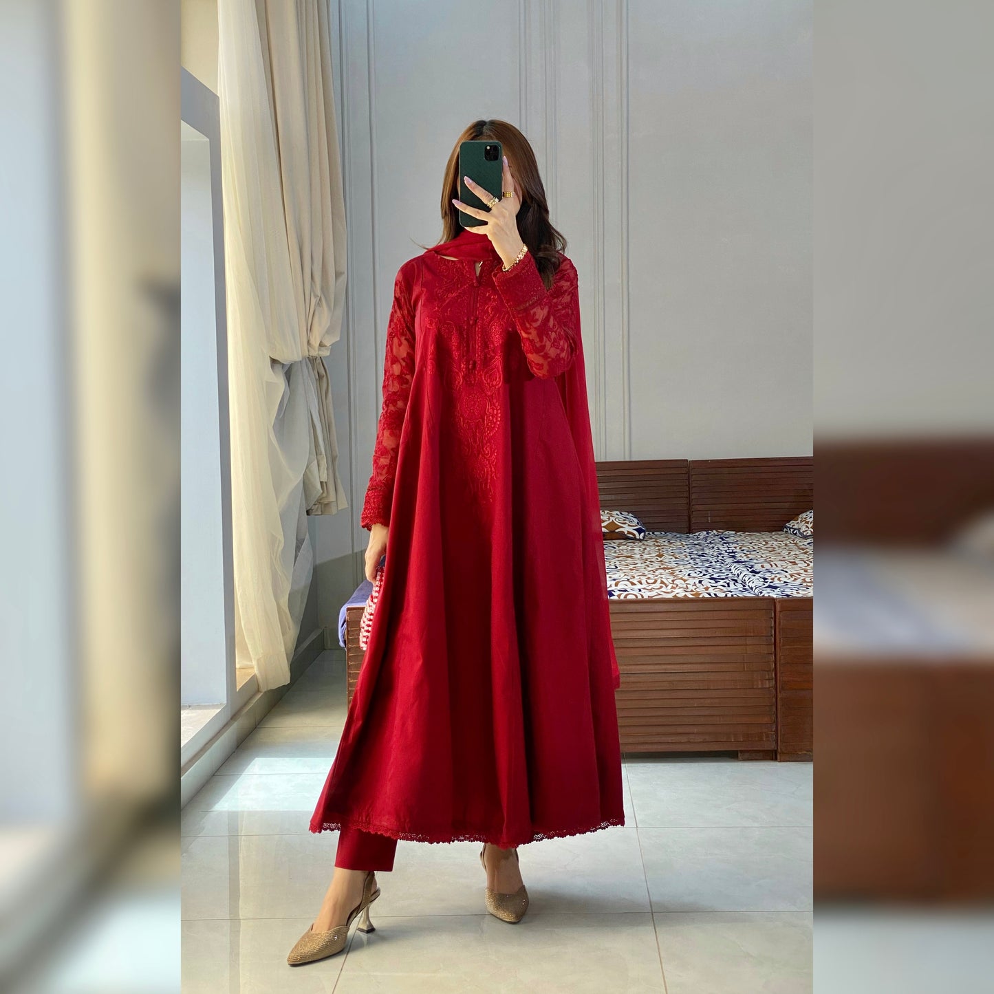 Ruby Red Embroidered Frock