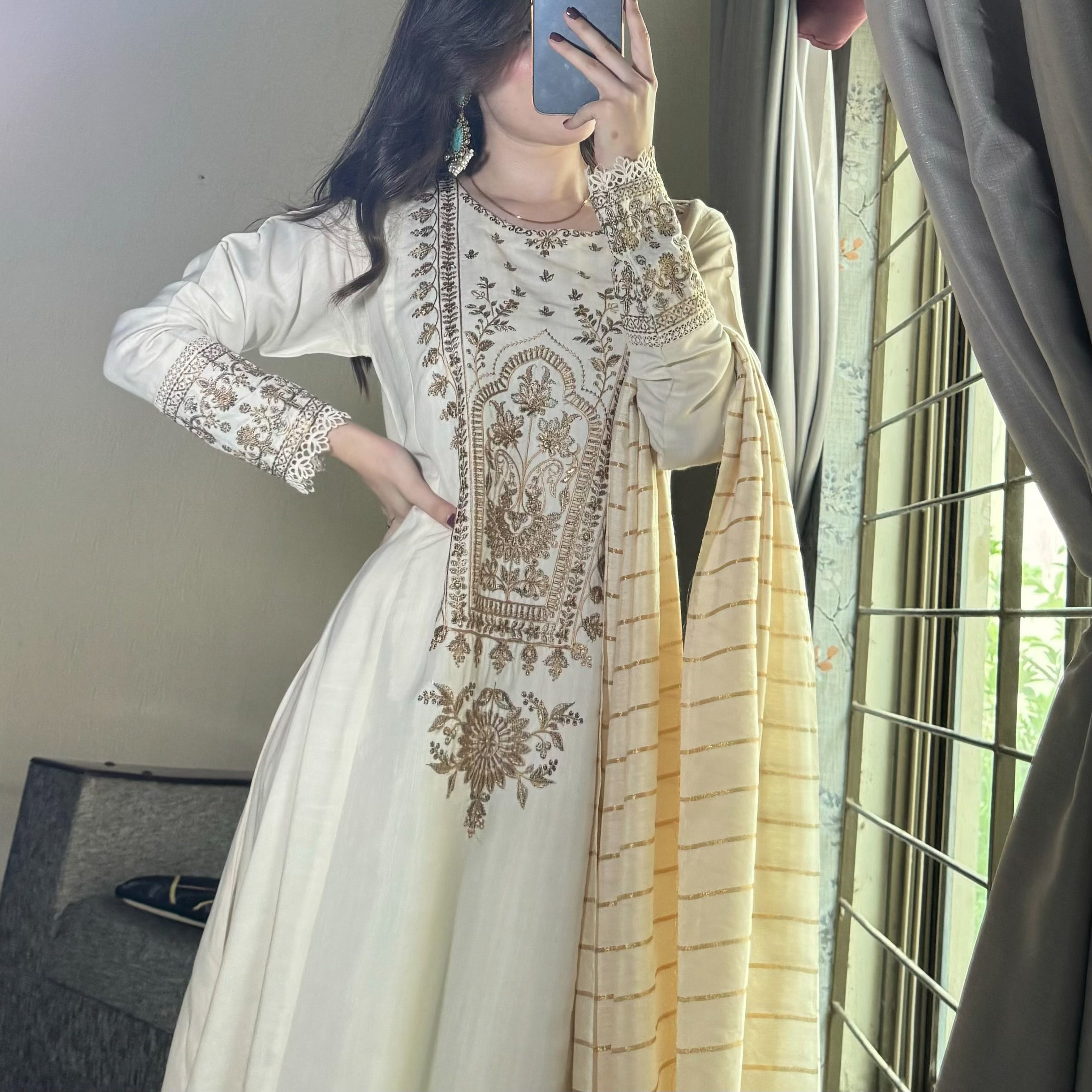 Ivory Embroidered Raw silk Frock 3PC/2PC