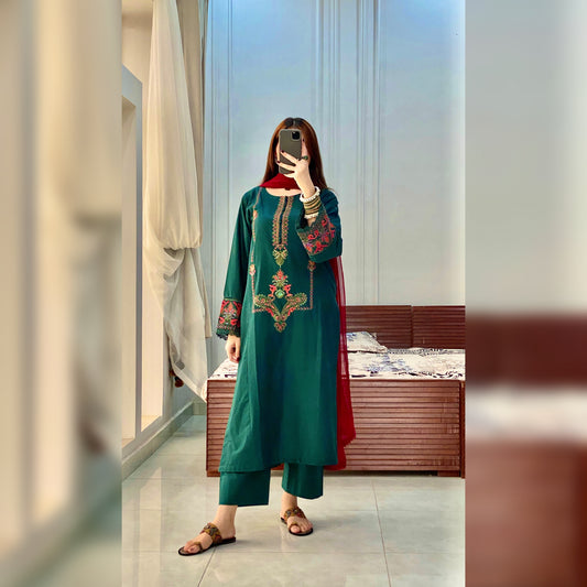 Green Embroidered 3PC