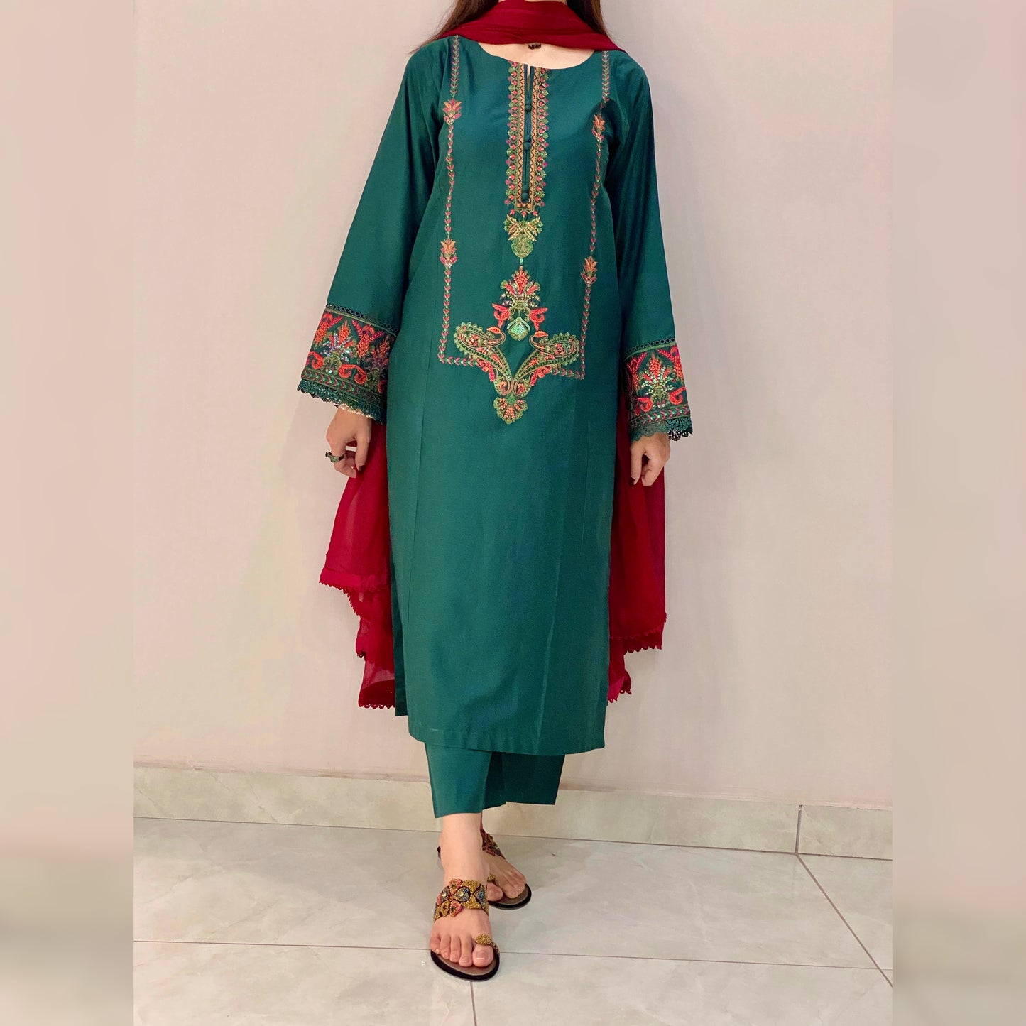 Green Embroidered 3PC
