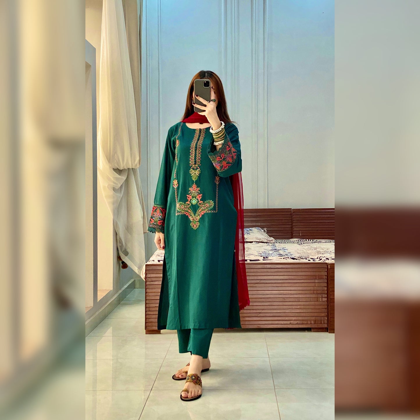 Green Embroidered 3PC