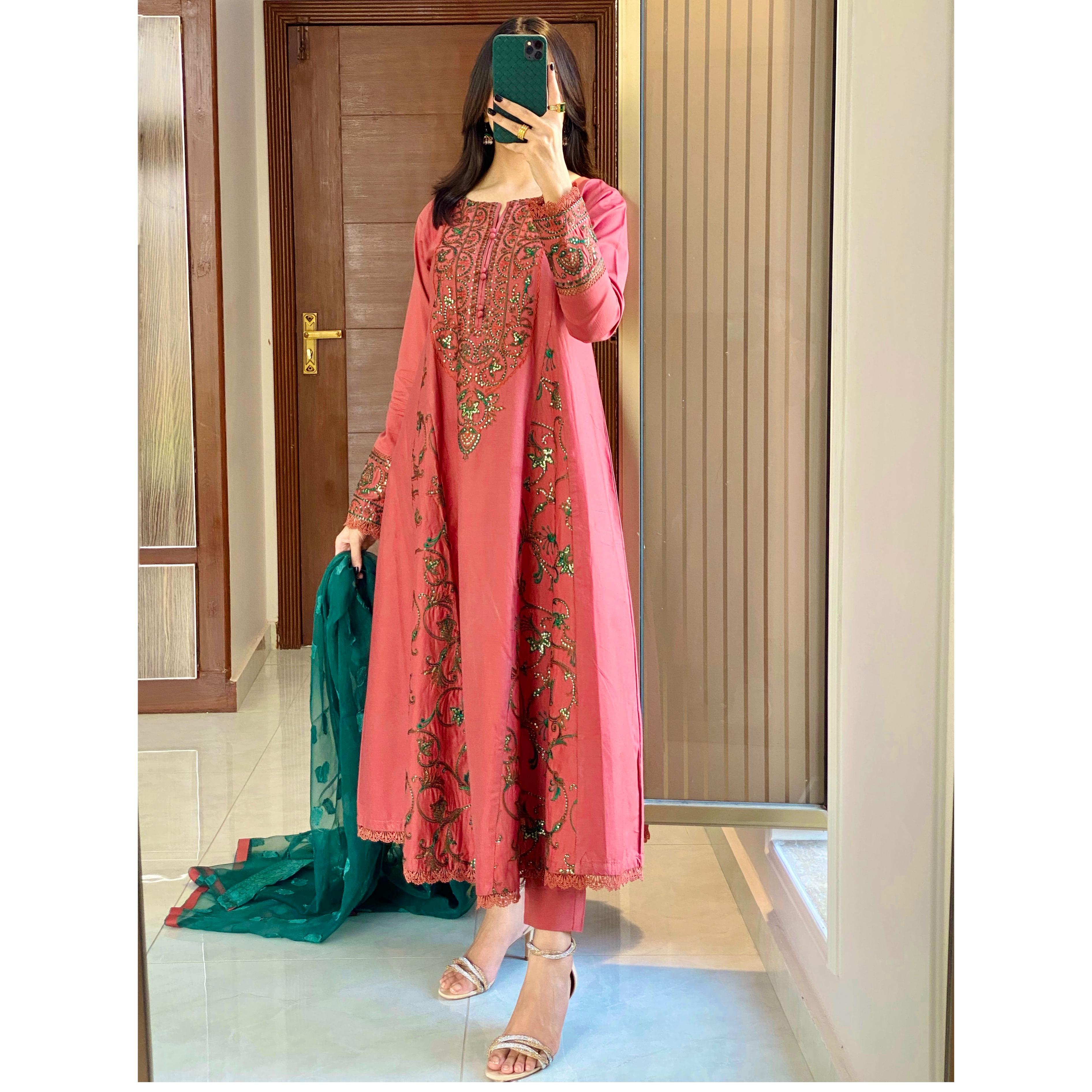 Tea Pink Embroidered frock 3PC