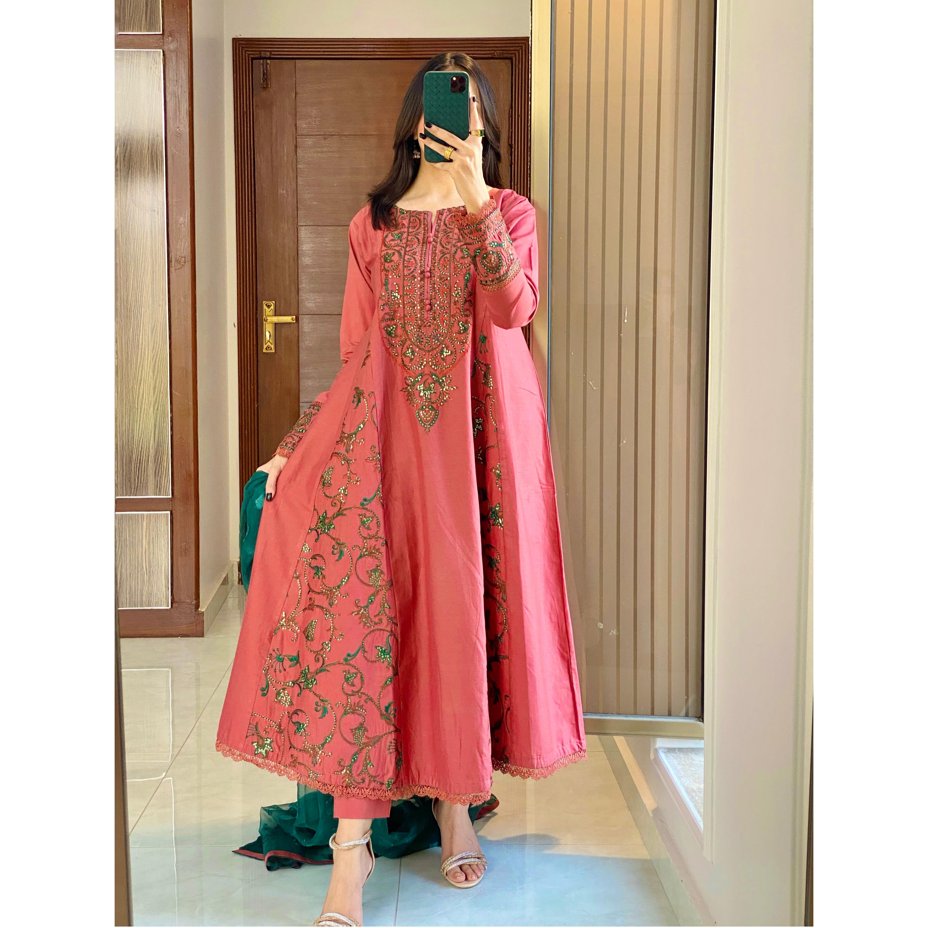 Tea Pink Embroidered frock 3PC