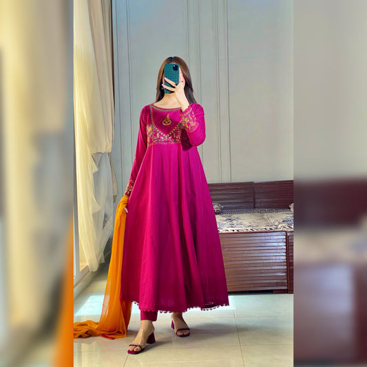 Cranberry Embroidered Frock 3PC