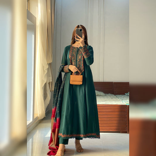 Queen green Embroidered frock 3PC