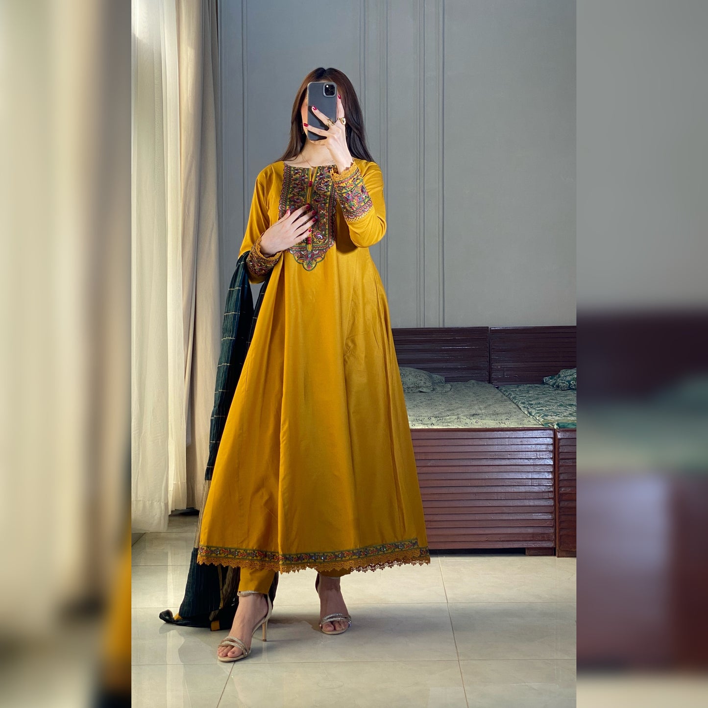 Mikado Mustard Embroidered Frock 3PC