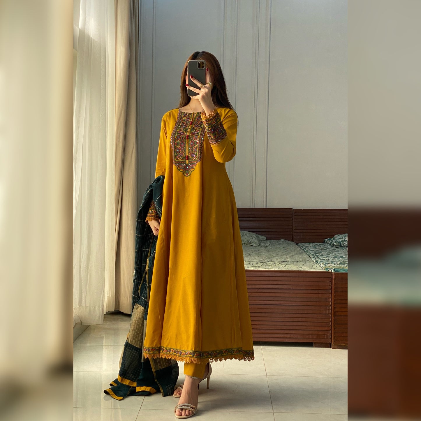 Mikado Mustard Embroidered Frock 3PC
