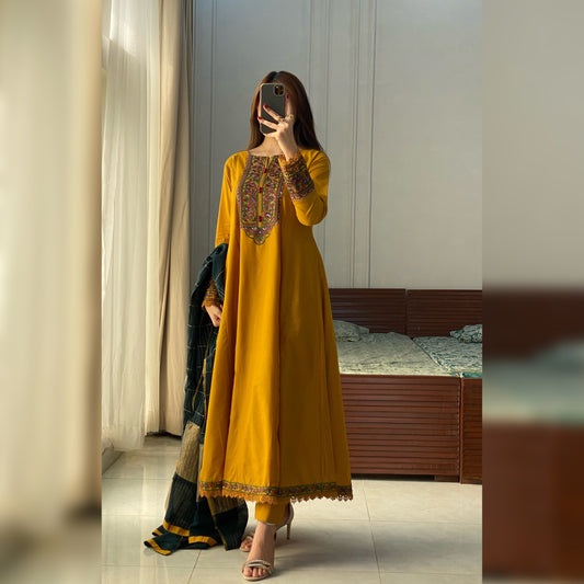 Mikado Mustard Embroidered Frock 3PC