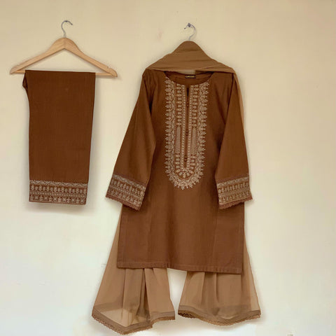 Brown Embroidered Khaddar 3PC