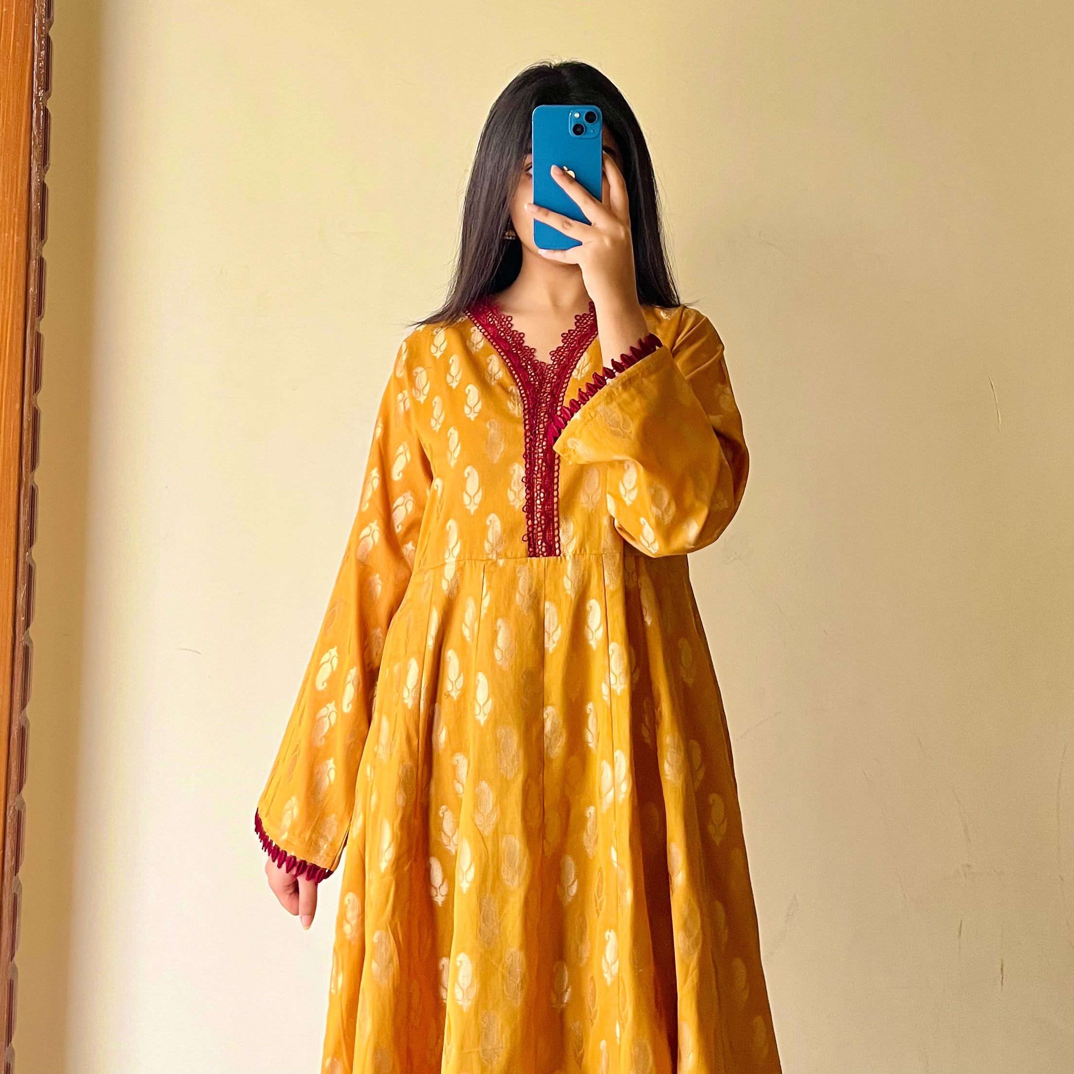 Jacquard Mustard Frock 2PC