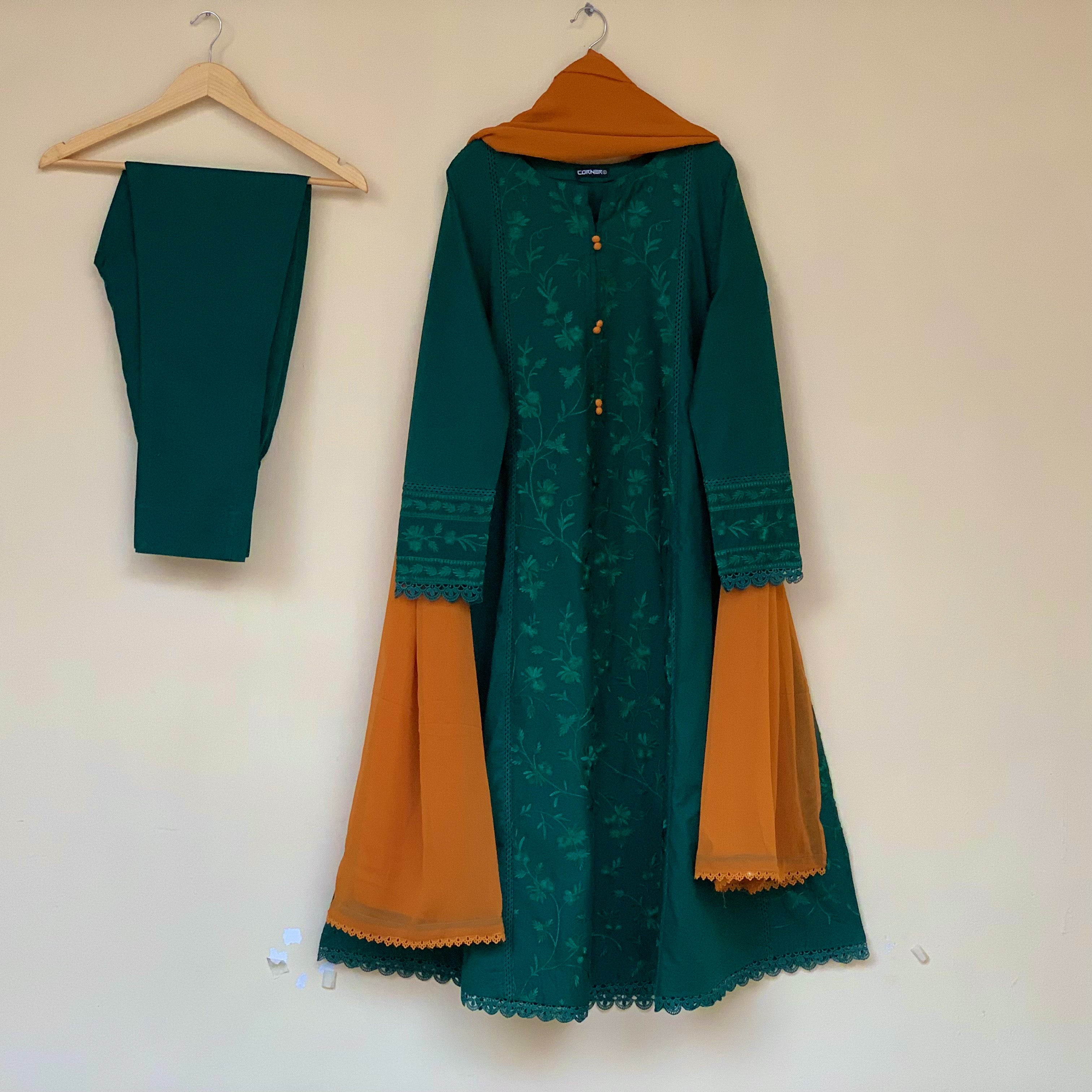 Green Self Embroidered frock 3PC