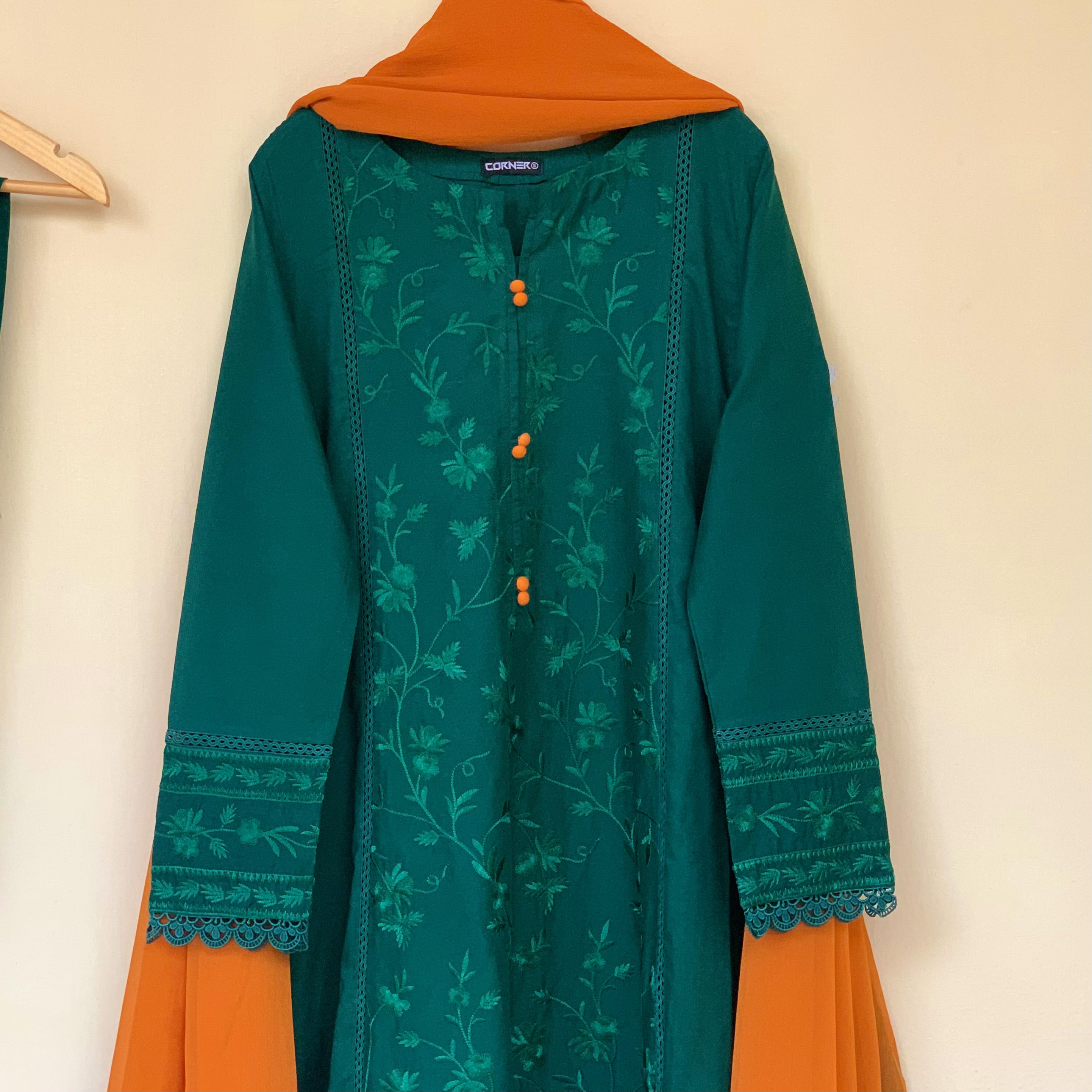 Green Self Embroidered frock 3PC