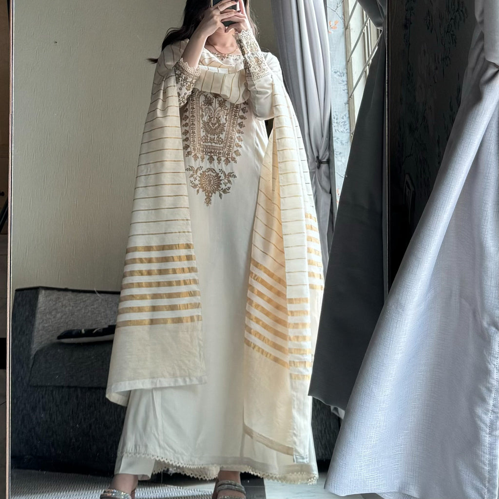 Ivory Embroidered Raw silk Frock 3PC/2PC