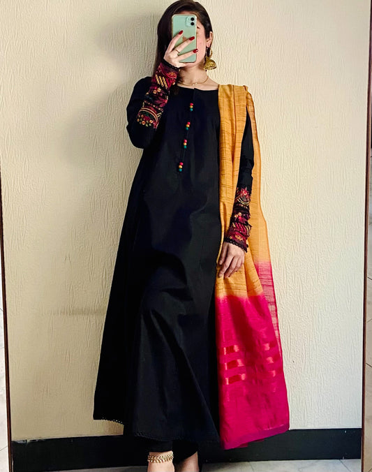 Black Embroidered frock 3PC