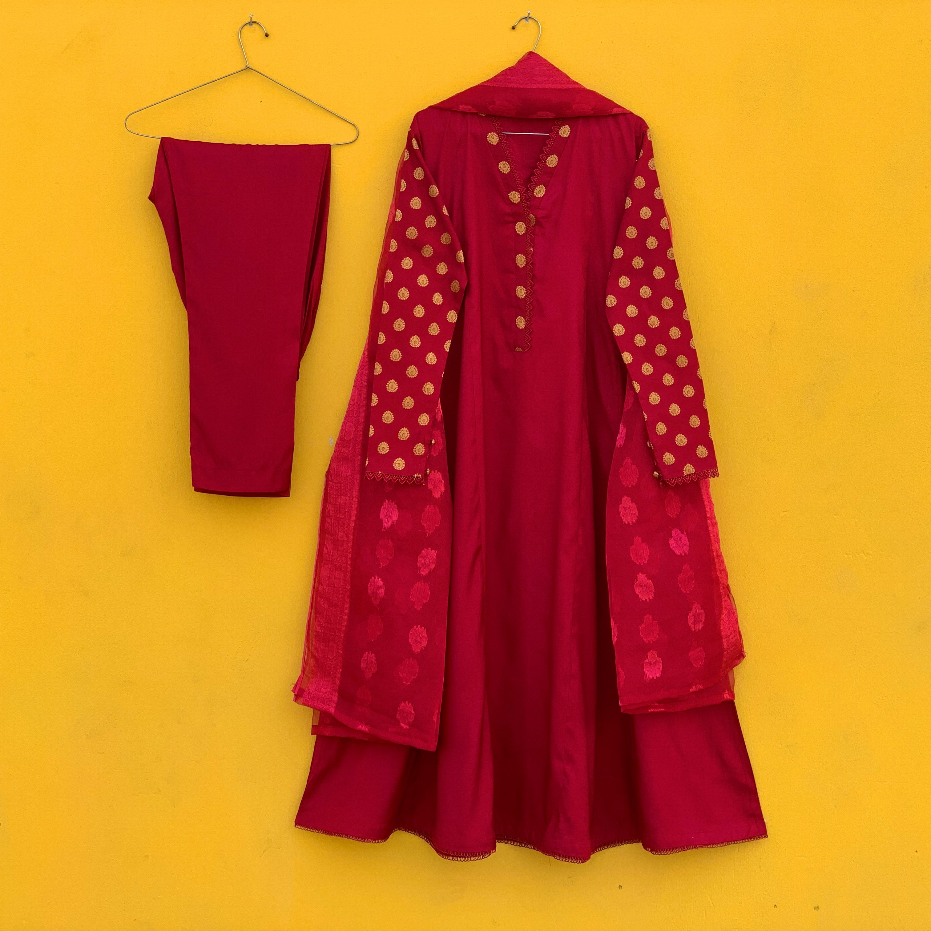 Raw Silk Maroon Frock 3PC