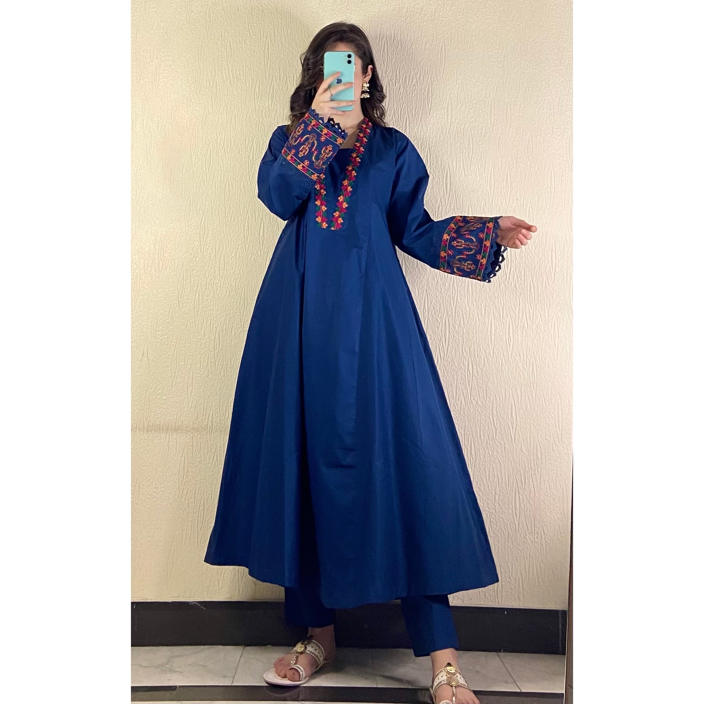 Blue Embroidered Frock 3PC