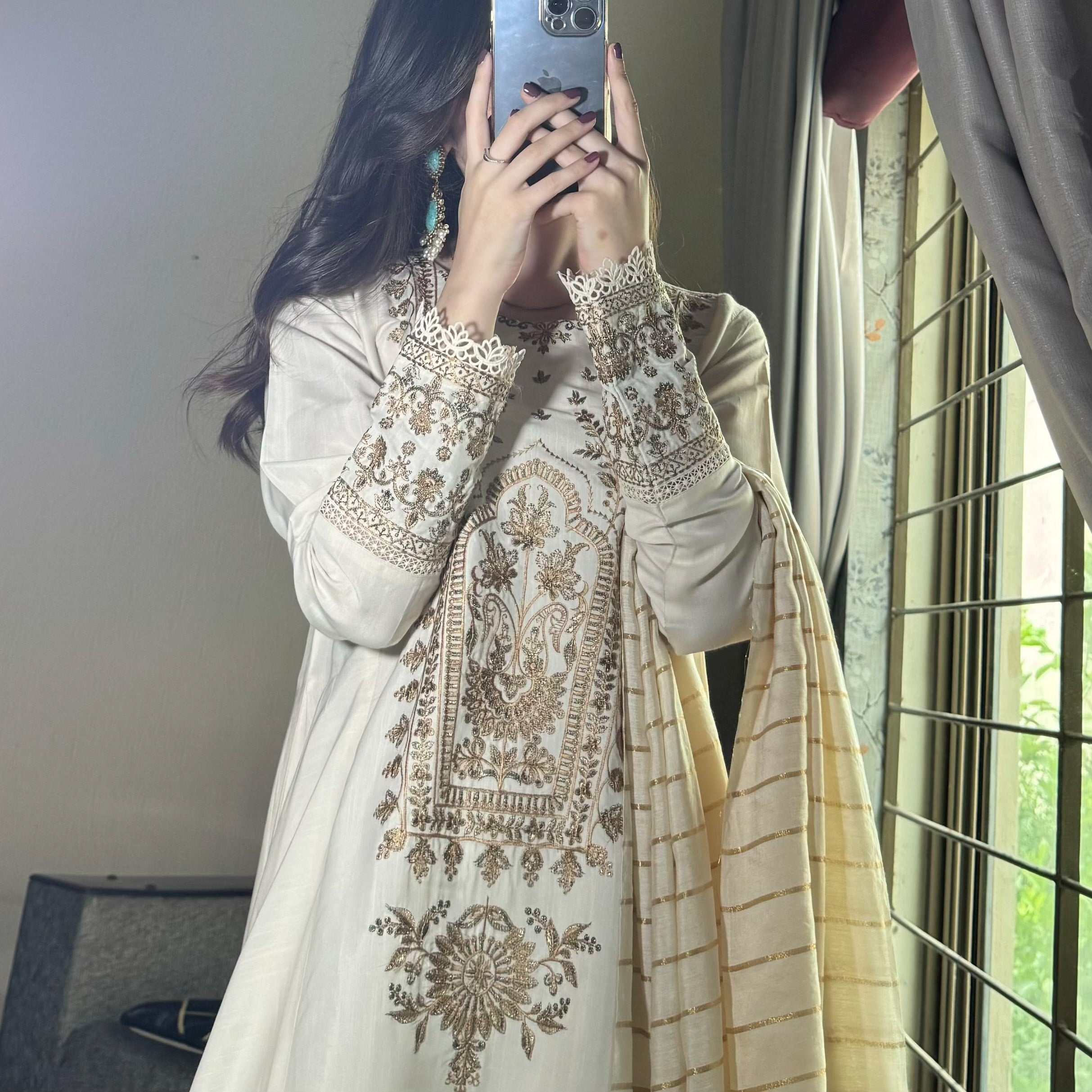 Ivory Embroidered Raw silk Frock 3PC/2PC