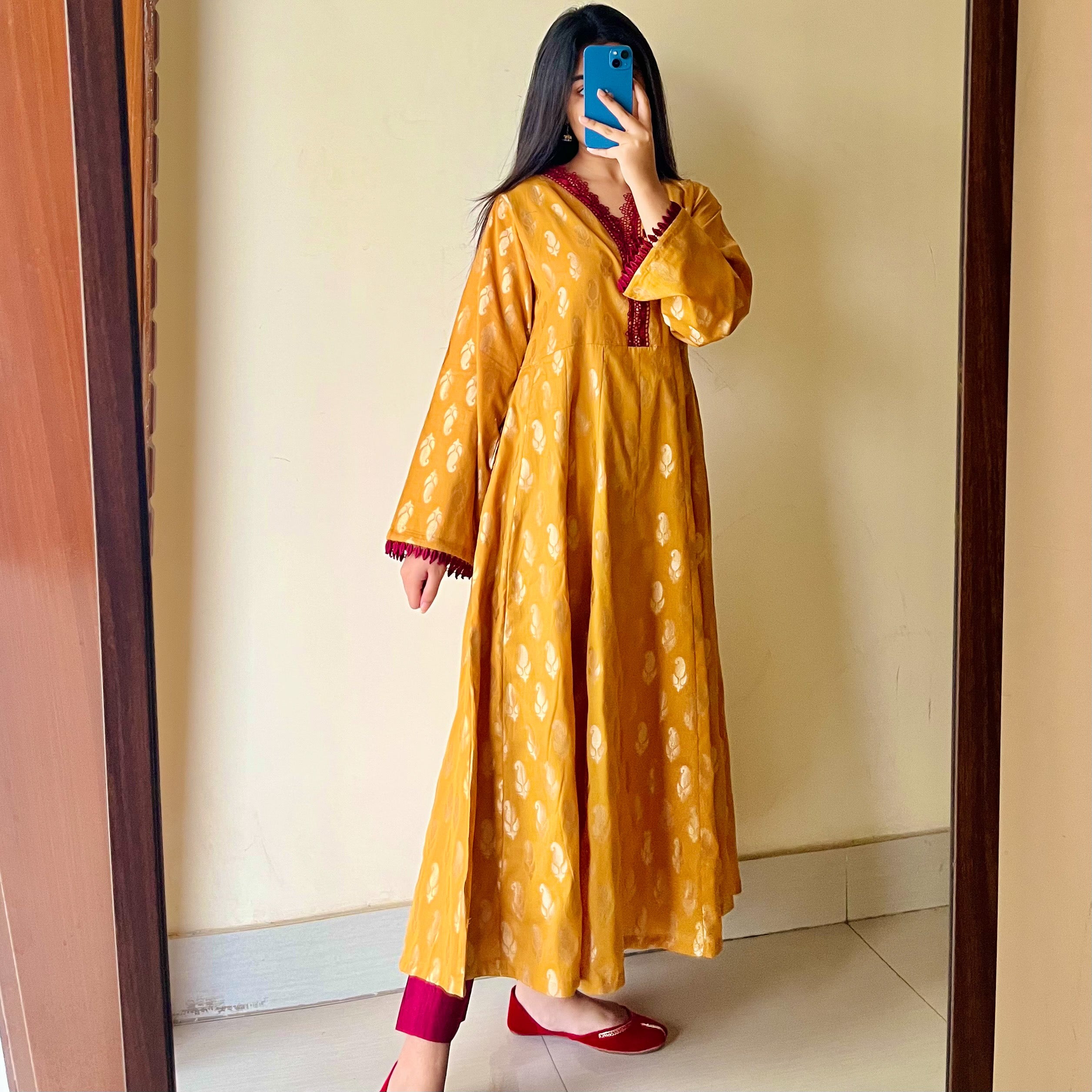 Jacquard Mustard Frock 2PC