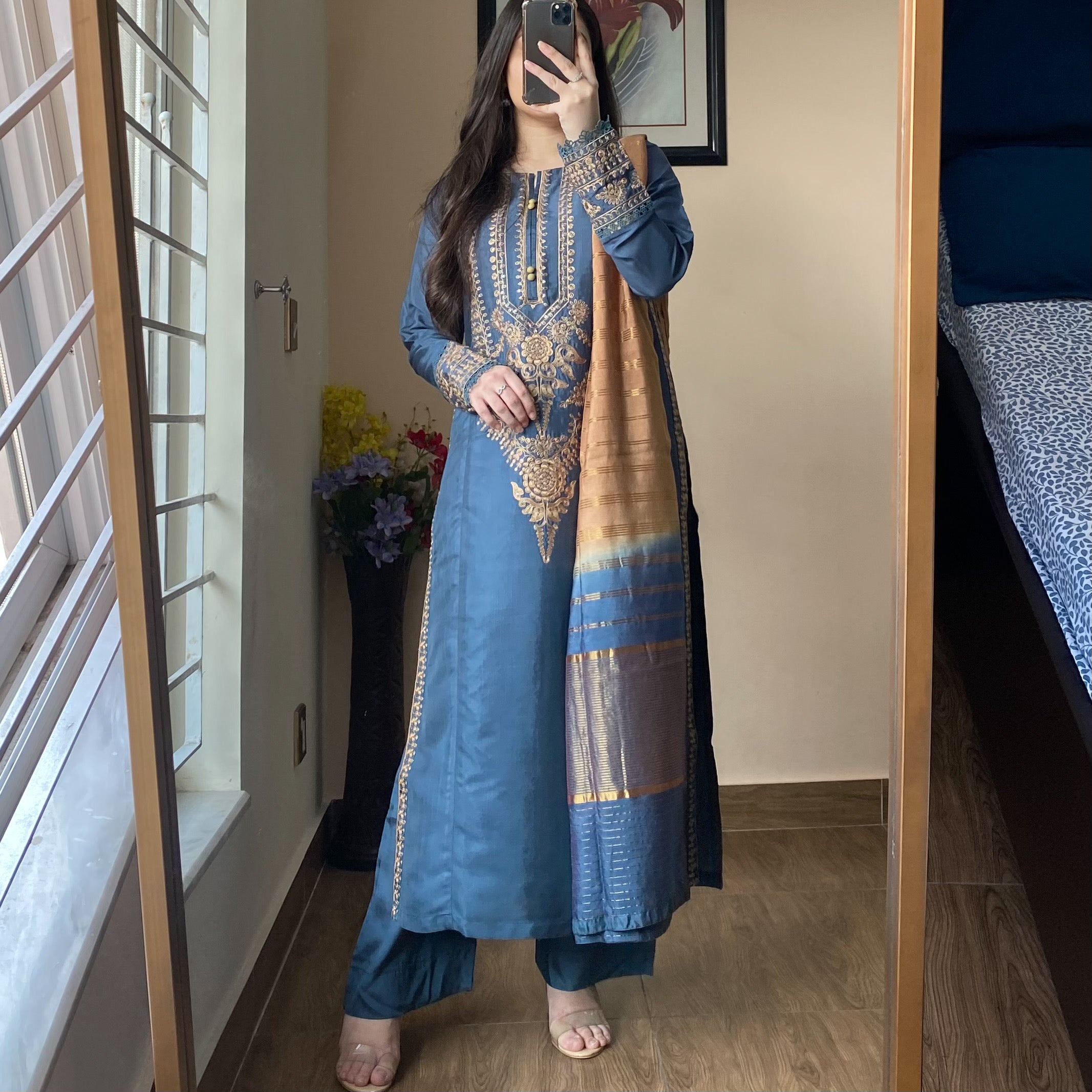 Metallic Blue Raw Silk Embroidered 3PC