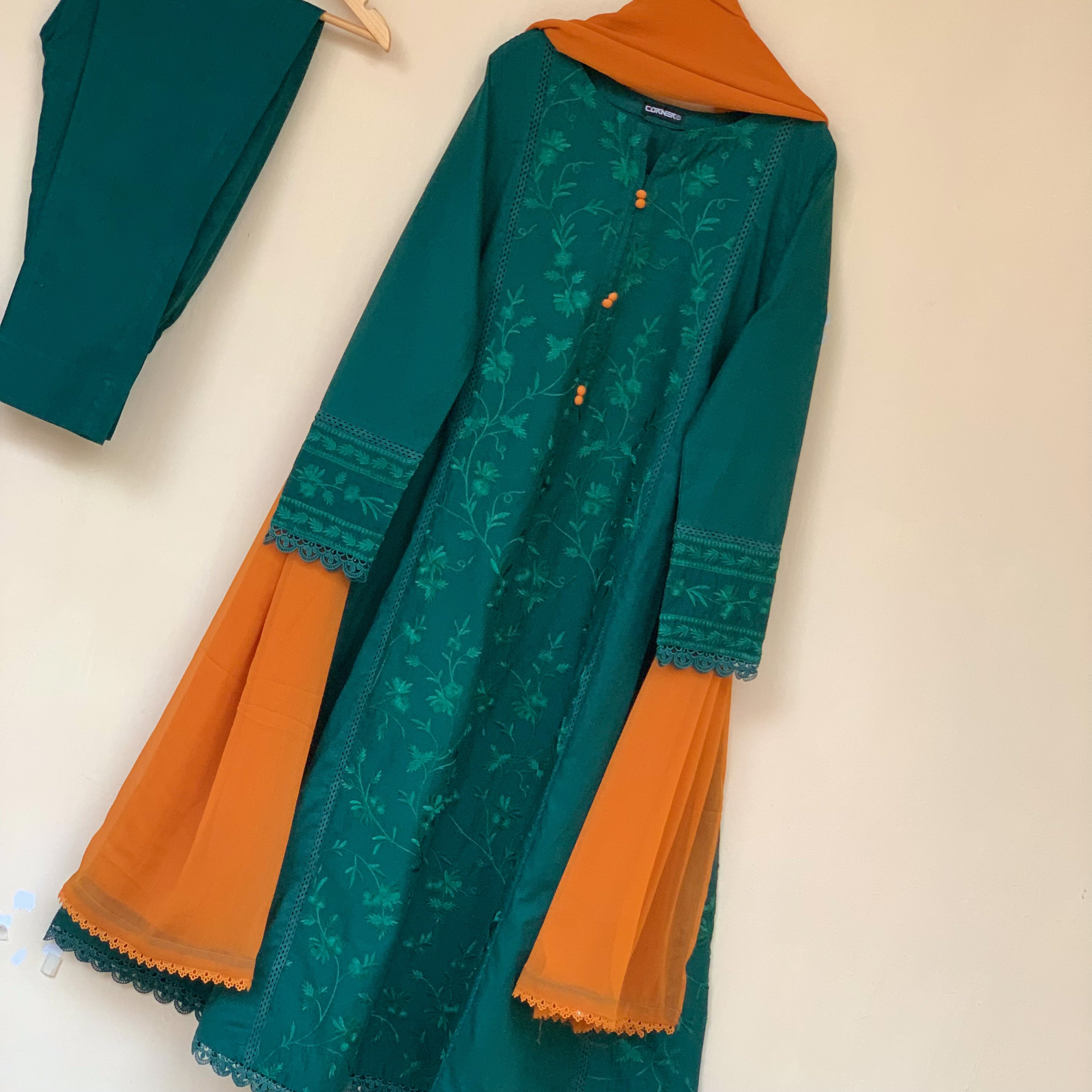 Green Self Embroidered frock 3PC