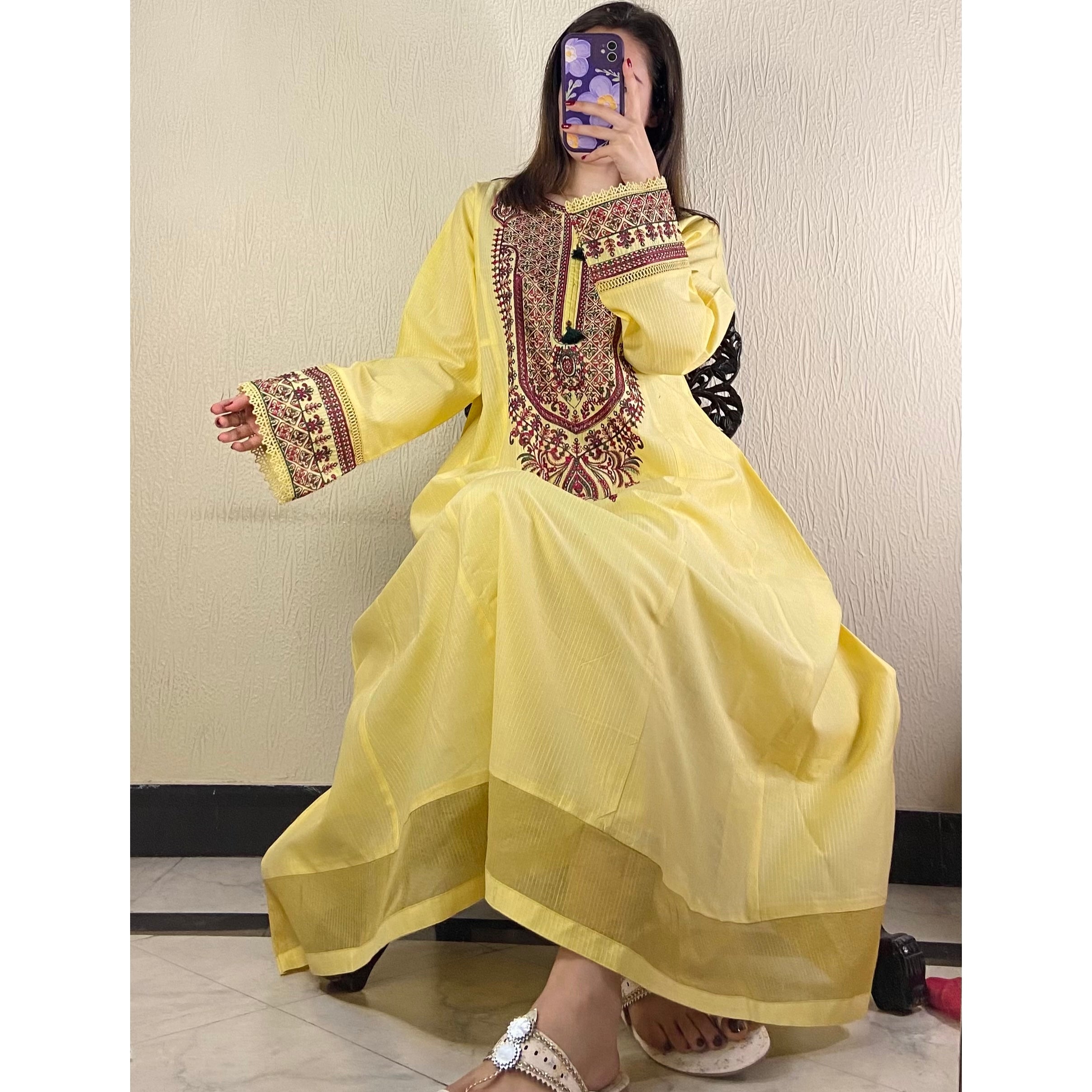 Corn yellow embroidered frock 3PC