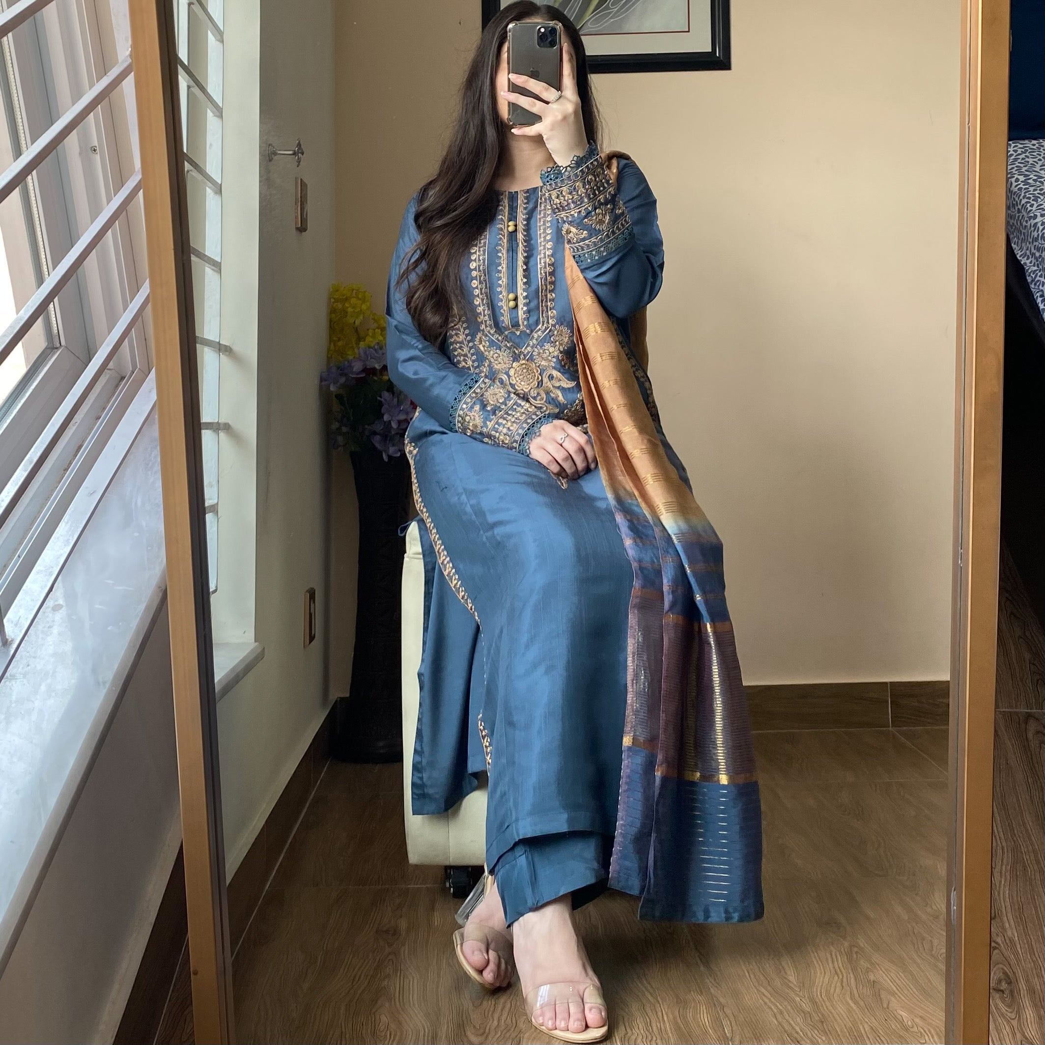 Metallic Blue Raw Silk Embroidered 3PC