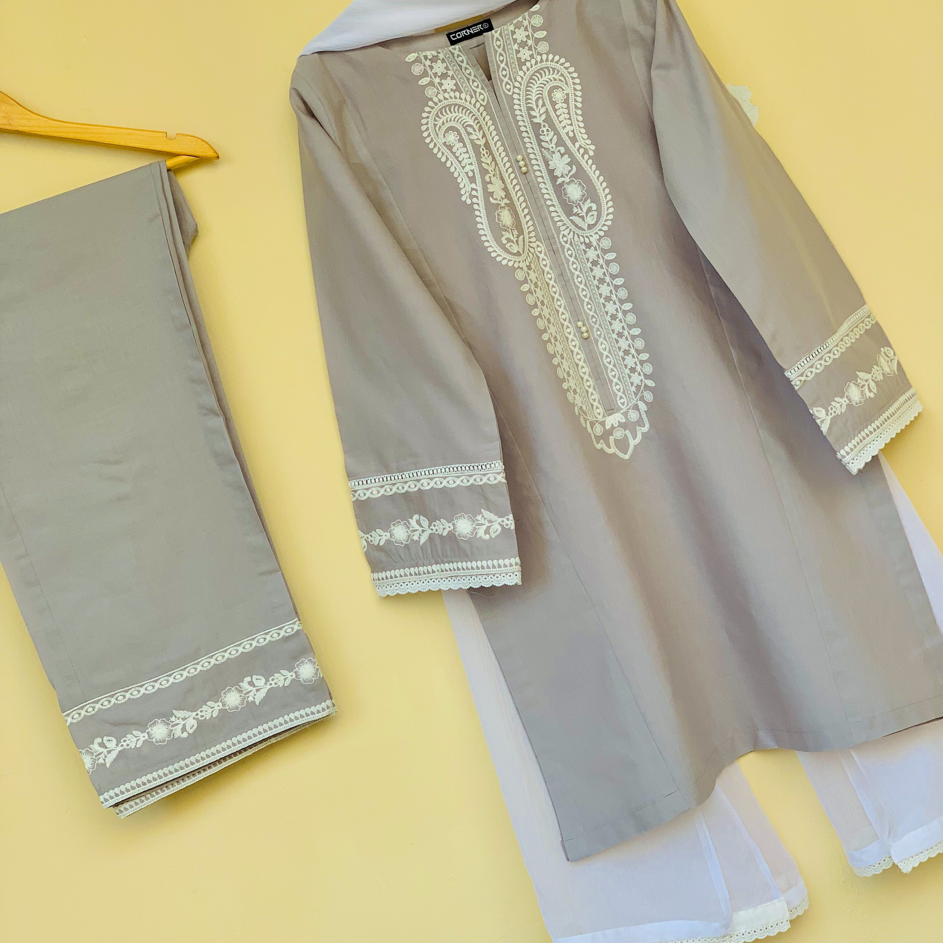 Silver Grey Summer Embroidered 3PC