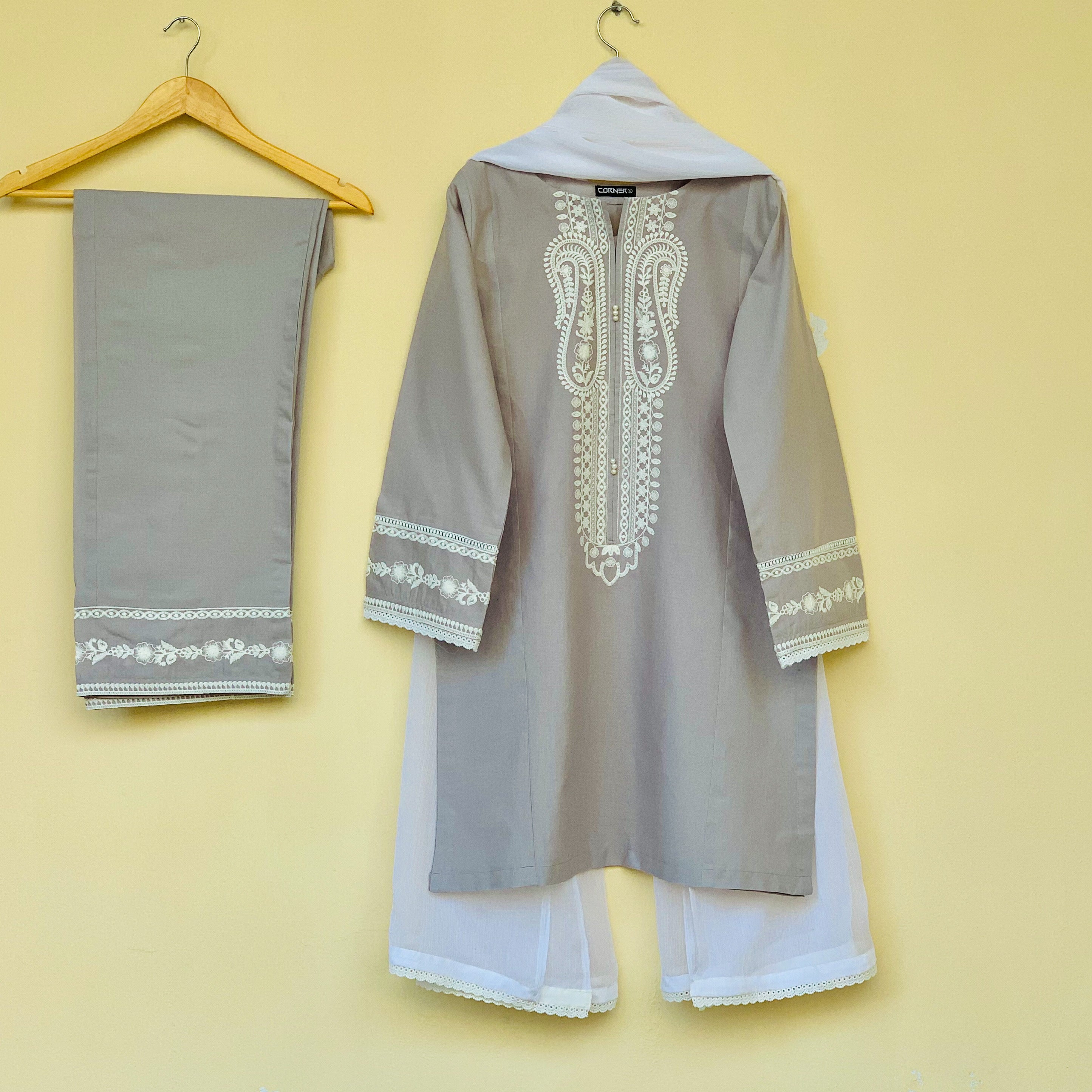 Silver Grey Summer Embroidered 3PC