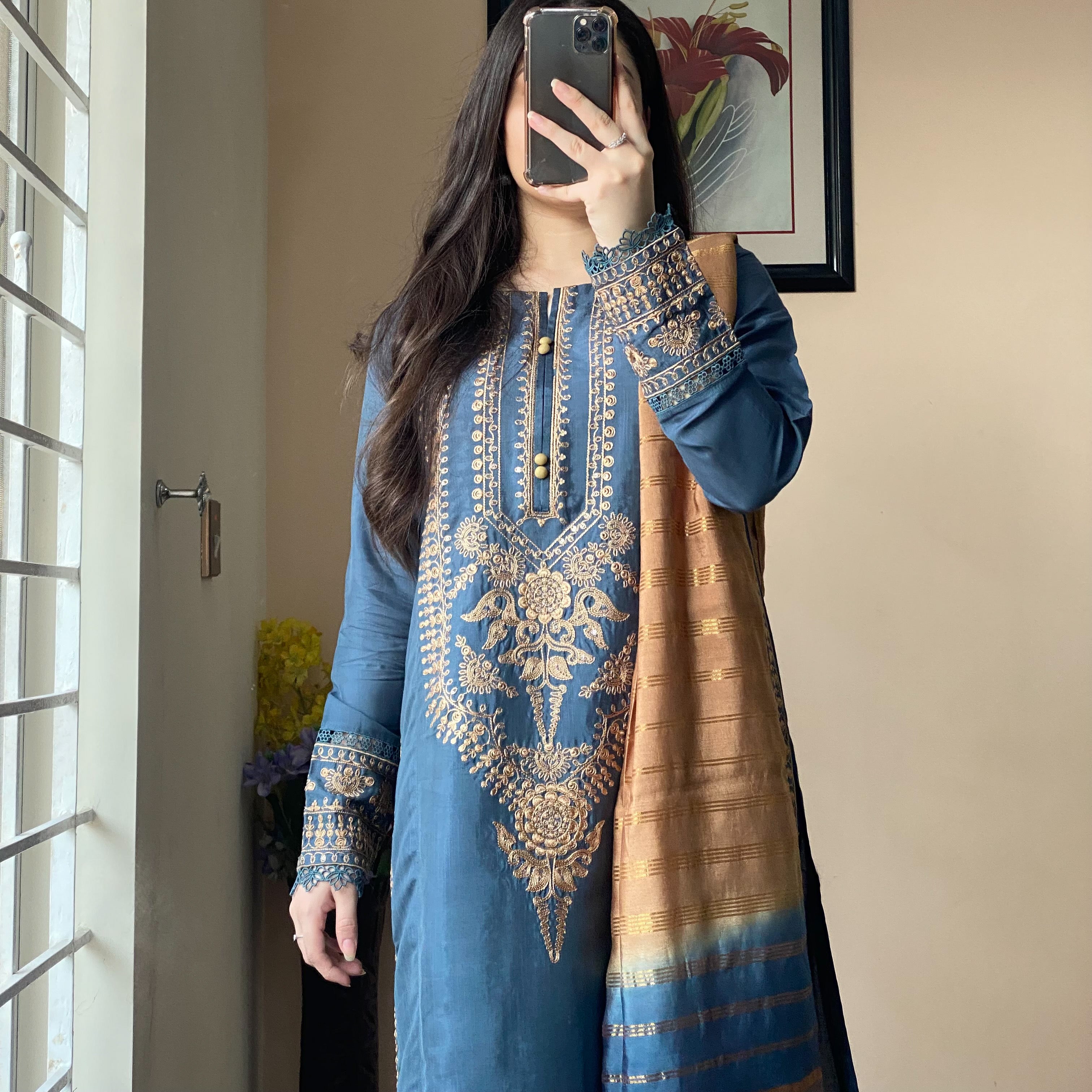 Metallic Blue Raw Silk Embroidered 3PC