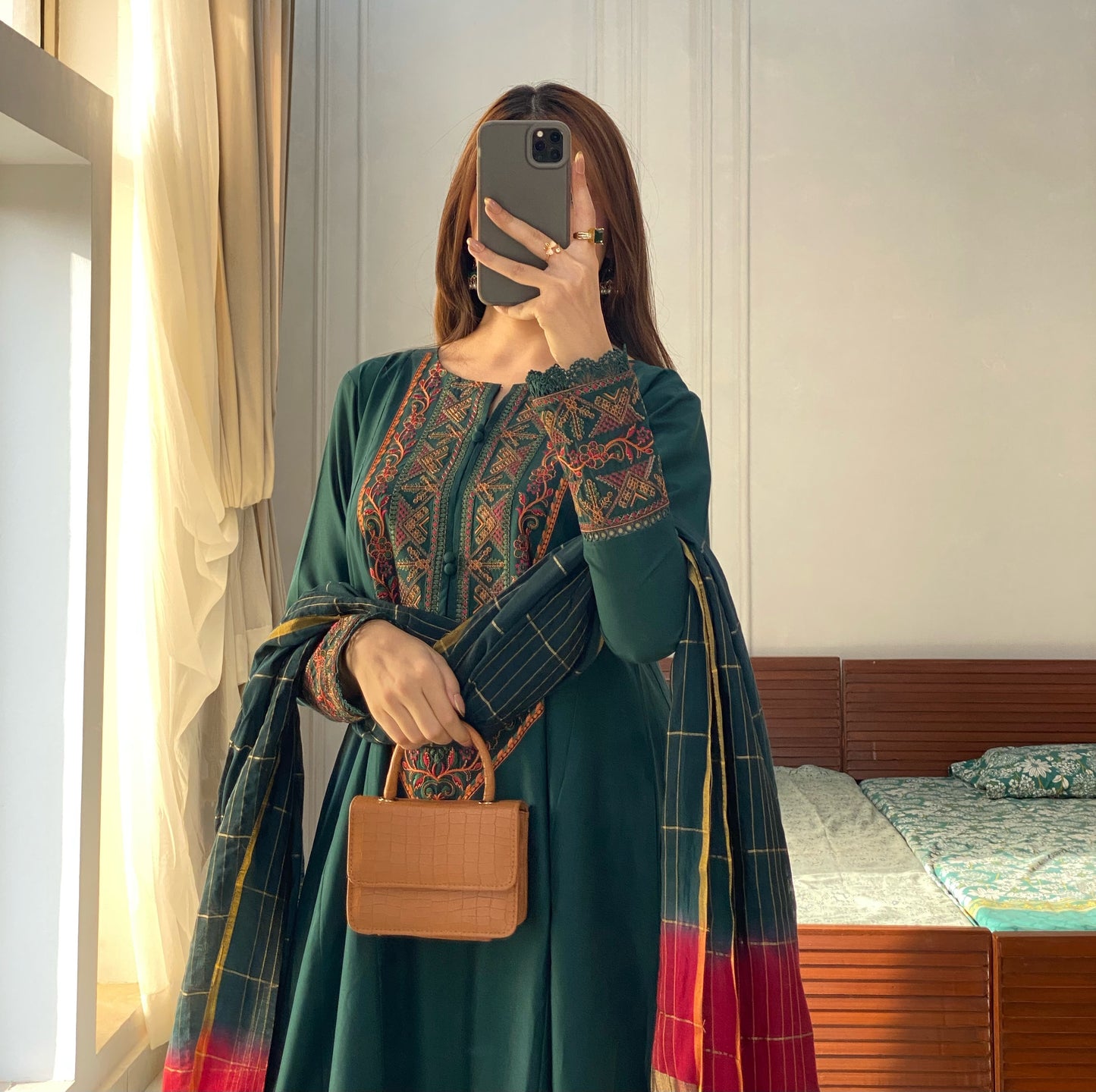 Queen green Embroidered frock 3PC
