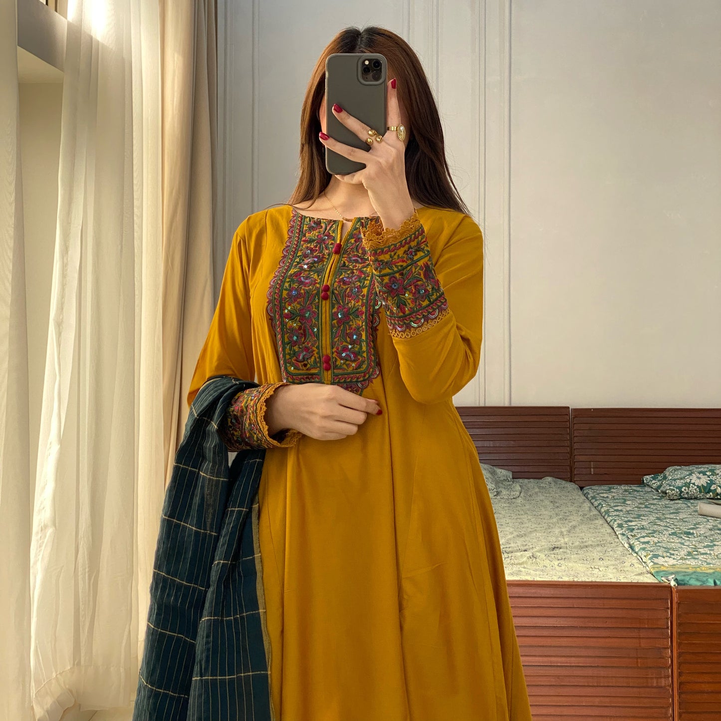 Mikado Mustard Embroidered Frock 3PC
